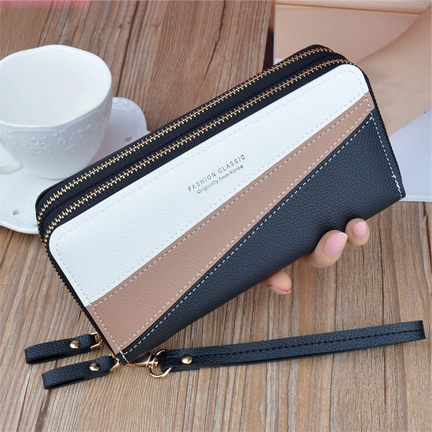 Portafoglio Donna con Doppia Cerniera, Porta Monete in Pelle PU, per Telefono, Grande Capacità, Slot per Schede Multiple (Nero 3) - immagine 6