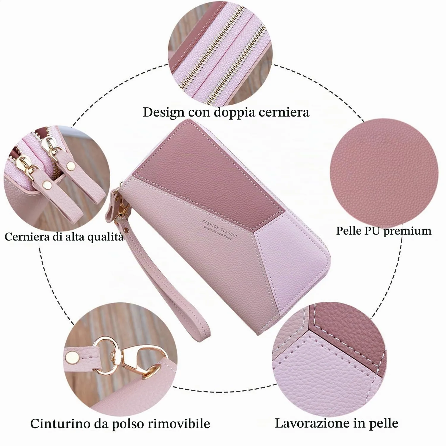 Portafoglio Donna in Pelle PU con Doppia Cerniera - Porta Monete Grande Capacità con Slot per Schede Multiple e Spazio per Telefono da Polso (Rosa) - immagine 2