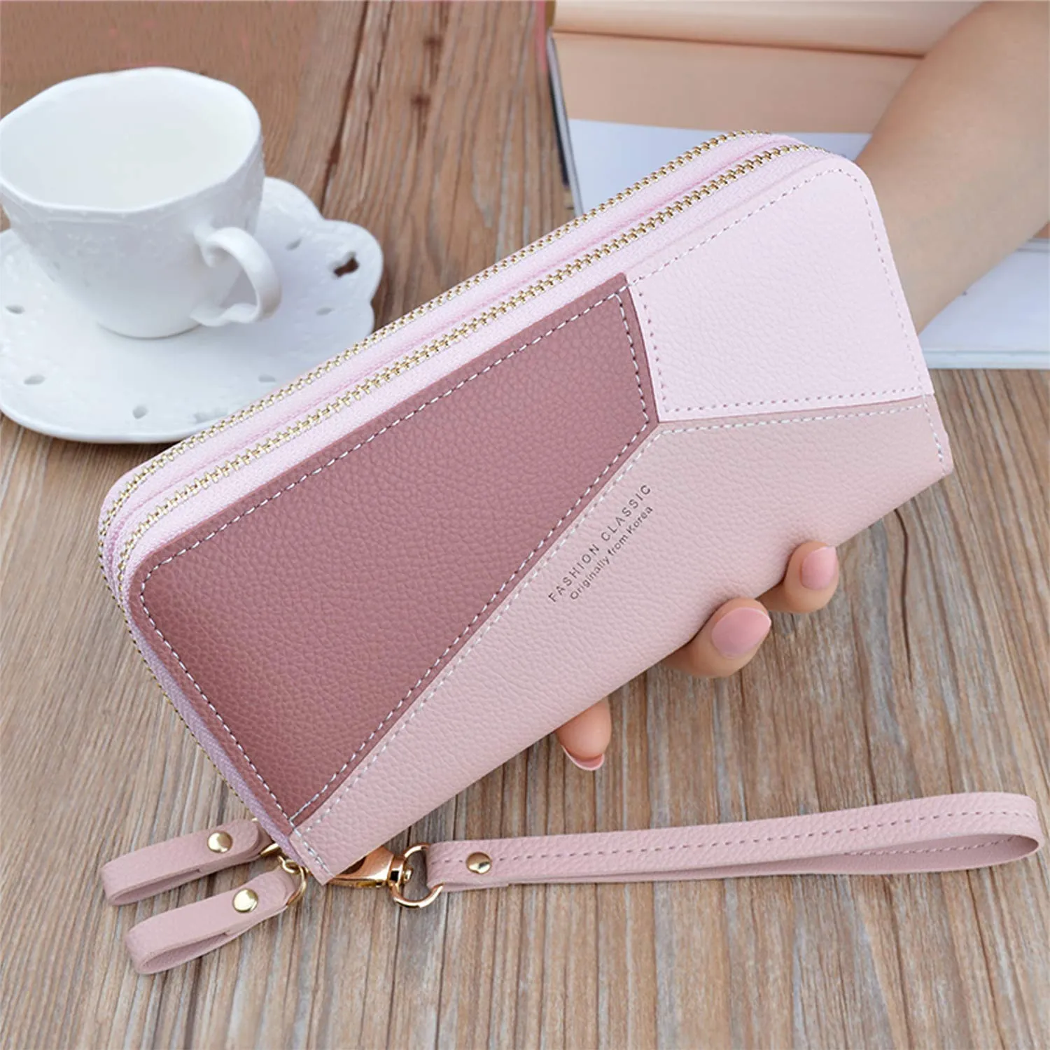 Portafoglio Donna in Pelle PU con Doppia Cerniera - Porta Monete Grande Capacità con Slot per Schede Multiple e Spazio per Telefono da Polso (Rosa) - immagine 6
