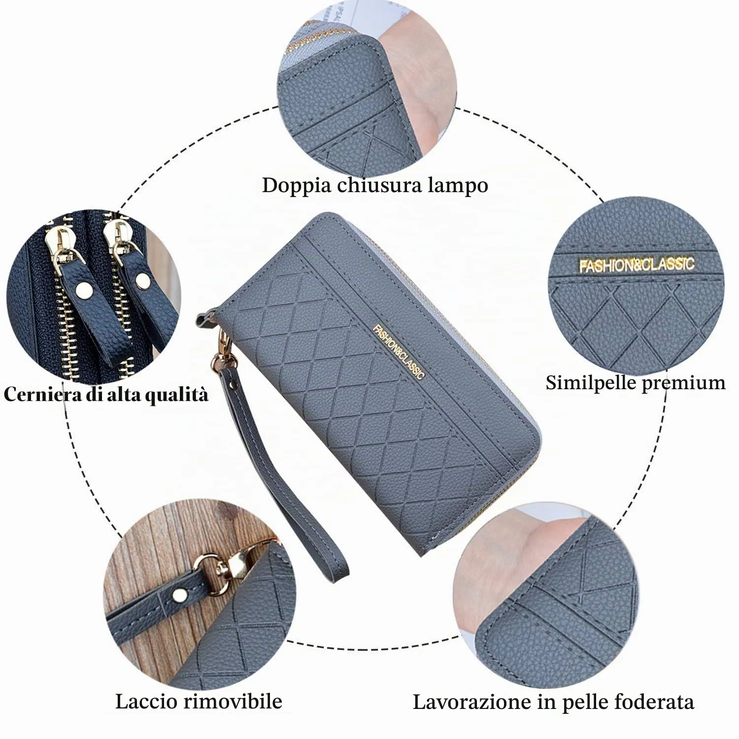 Portafoglio Donna con Doppia Cerniera in Pelle PU - Grande Capacità per Telefono, Monete e Schede Multiple - da Polso (Grigio1) - immagine 2