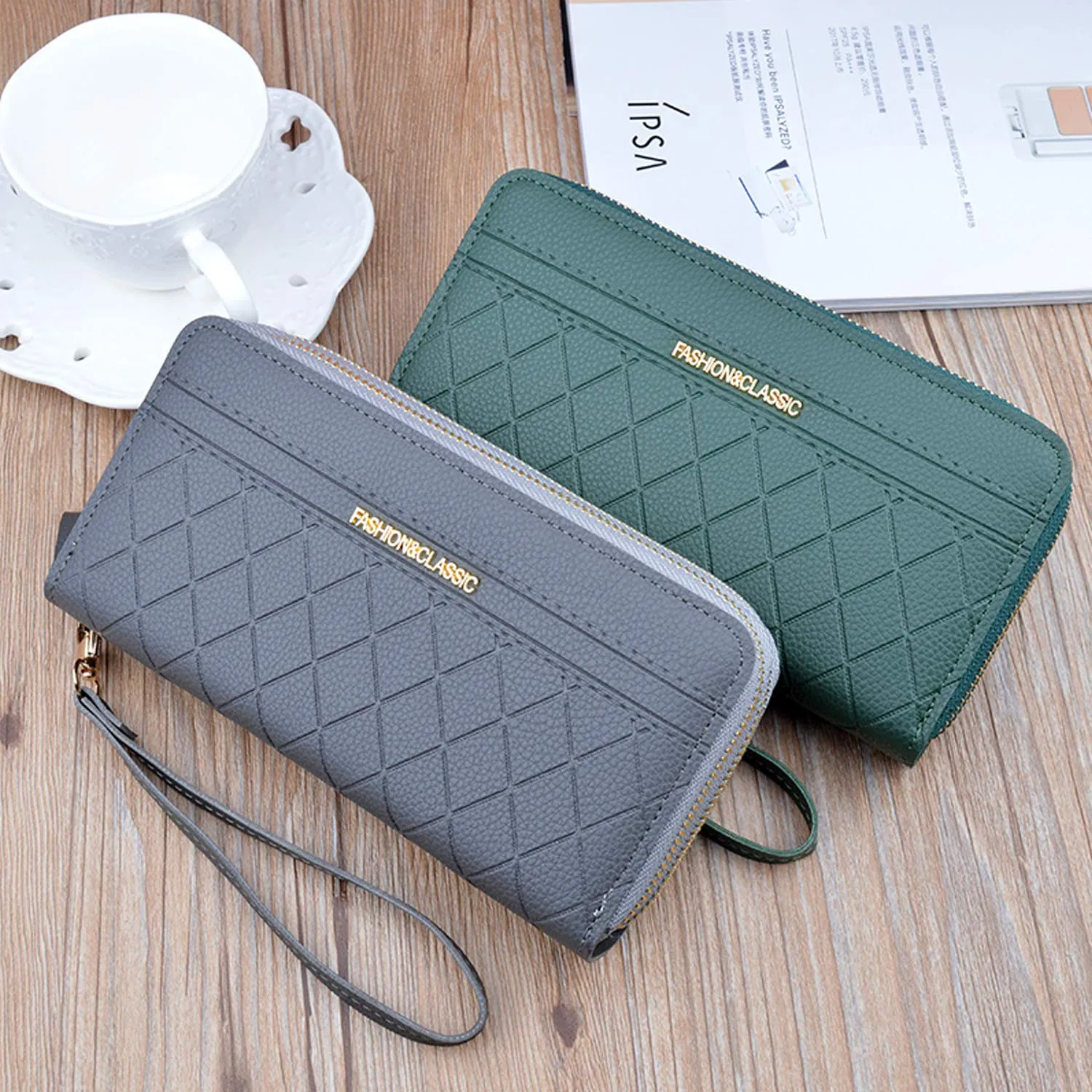 Portafoglio Donna con Doppia Cerniera in Pelle PU - Grande Capacità per Telefono, Monete e Schede Multiple - da Polso (Grigio1) - immagine 6
