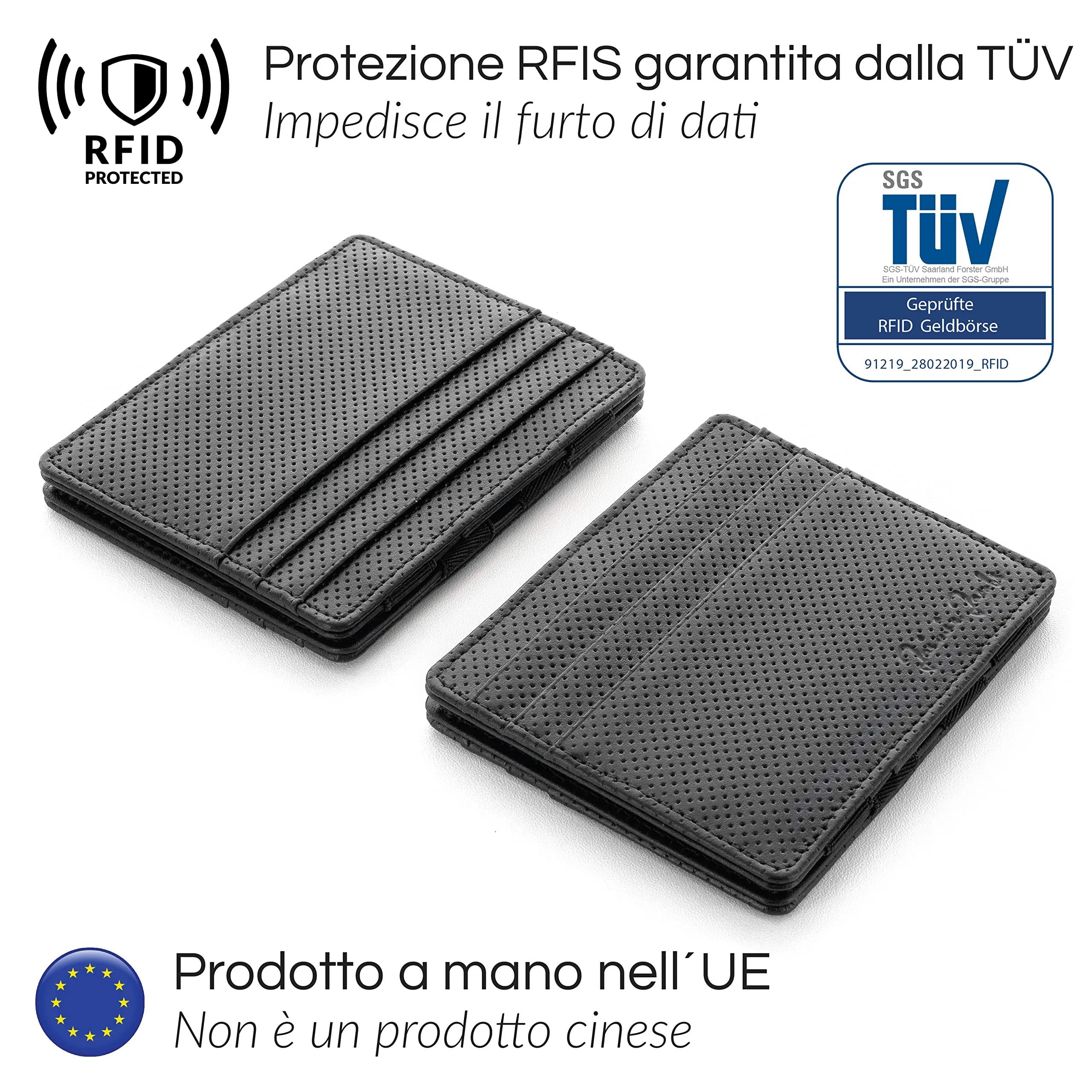 Jaimie Jacobs Portafoglio Magico, Magic Wallet Flap Boy Slim - l'Originale - Protezione RFID, Portafoglio Uomo Piccolo, Porta Carte di Credito, Porta Tessere (Pelle Traforata Nero) - immagine 2