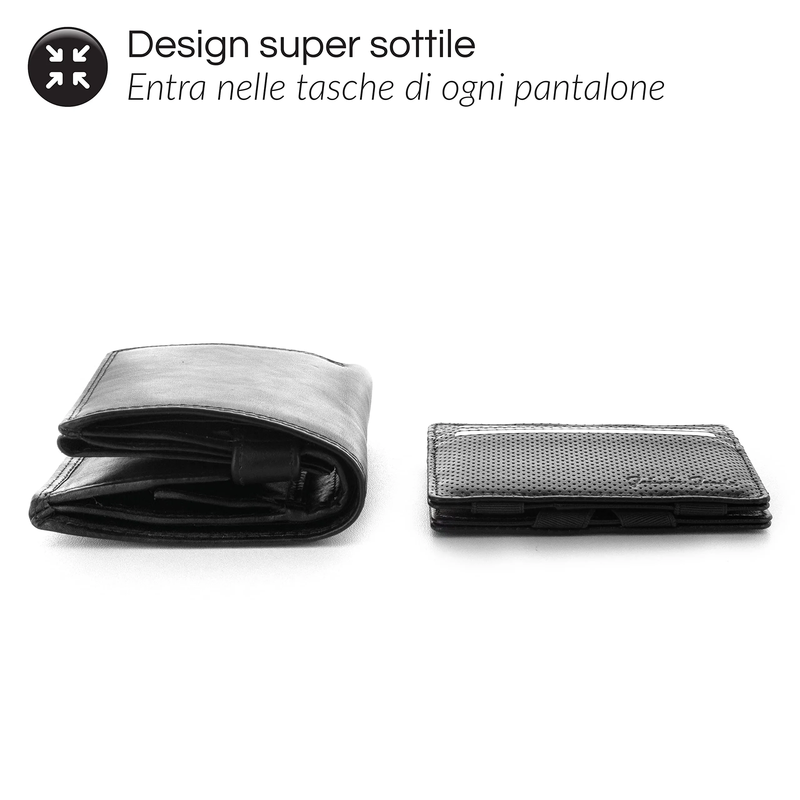 Jaimie Jacobs Portafoglio Magico, Magic Wallet Flap Boy Slim - l'Originale - Protezione RFID, Portafoglio Uomo Piccolo, Porta Carte di Credito, Porta Tessere (Pelle Traforata Nero) - immagine 4