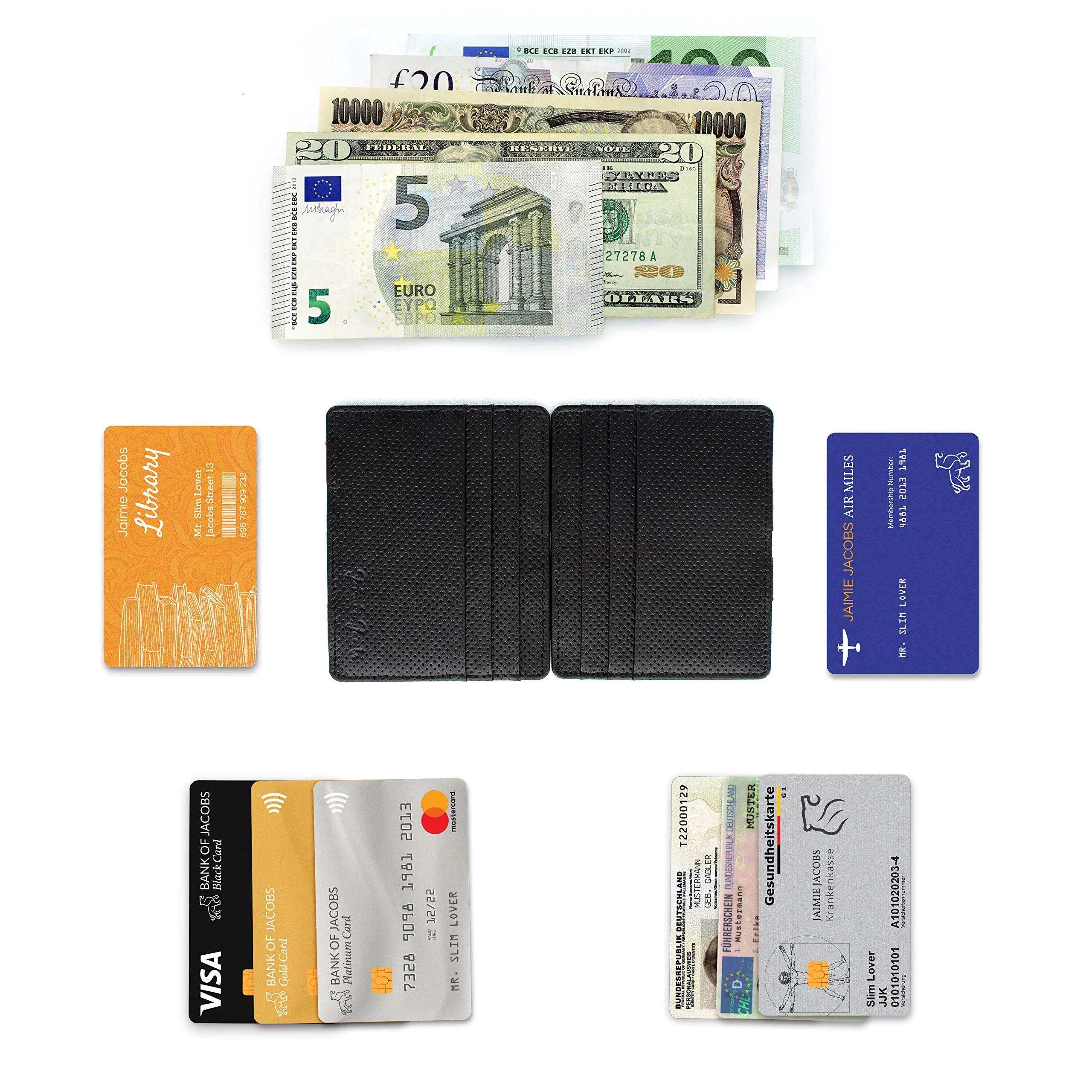 Jaimie Jacobs Portafoglio Magico, Magic Wallet Flap Boy Slim - l'Originale - Protezione RFID, Portafoglio Uomo Piccolo, Porta Carte di Credito, Porta Tessere (Pelle Traforata Nero) - immagine 5