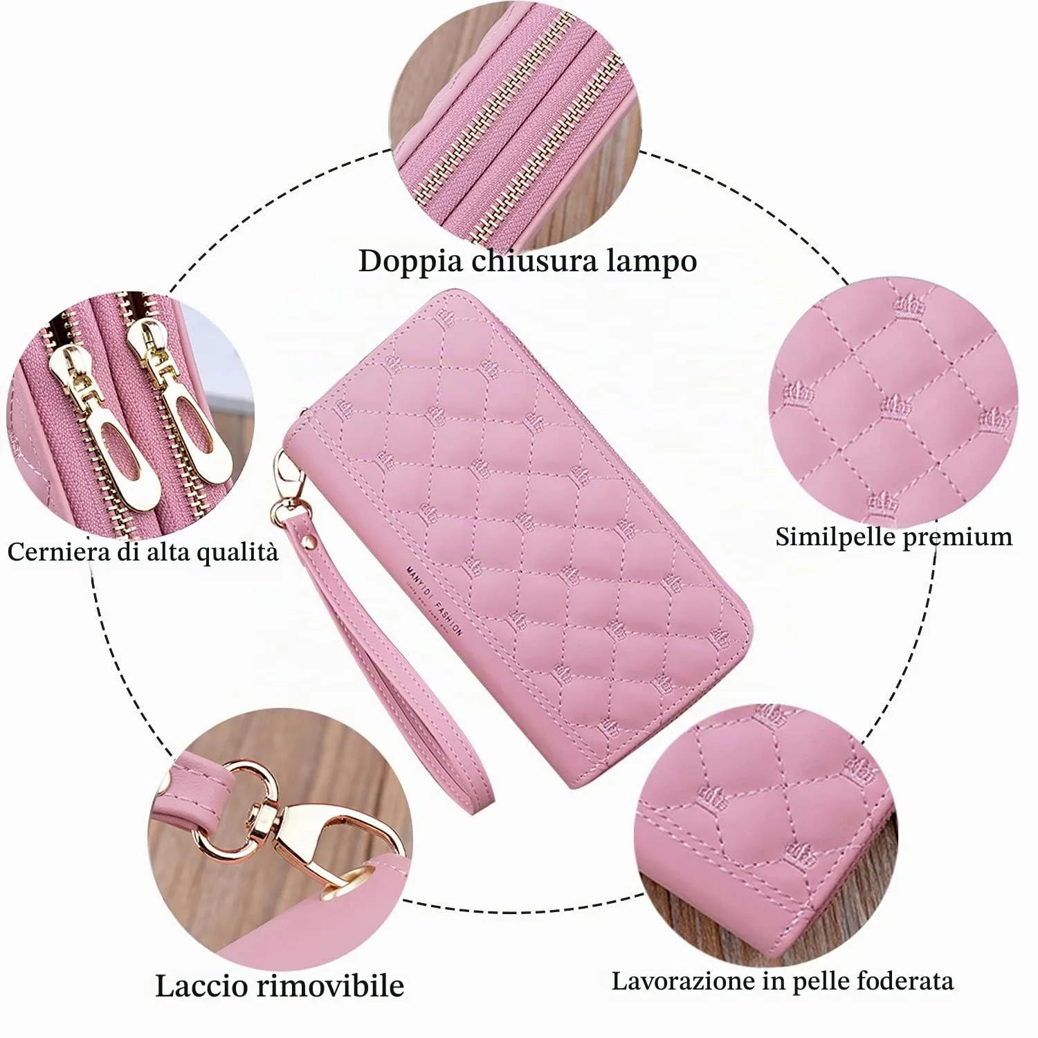 Yixuan Portafoglio Donna Grande in Ecopelle con Doppia Cerniera, Multi-Carte, Borsellino con Tasca per Cellulare - immagine 2