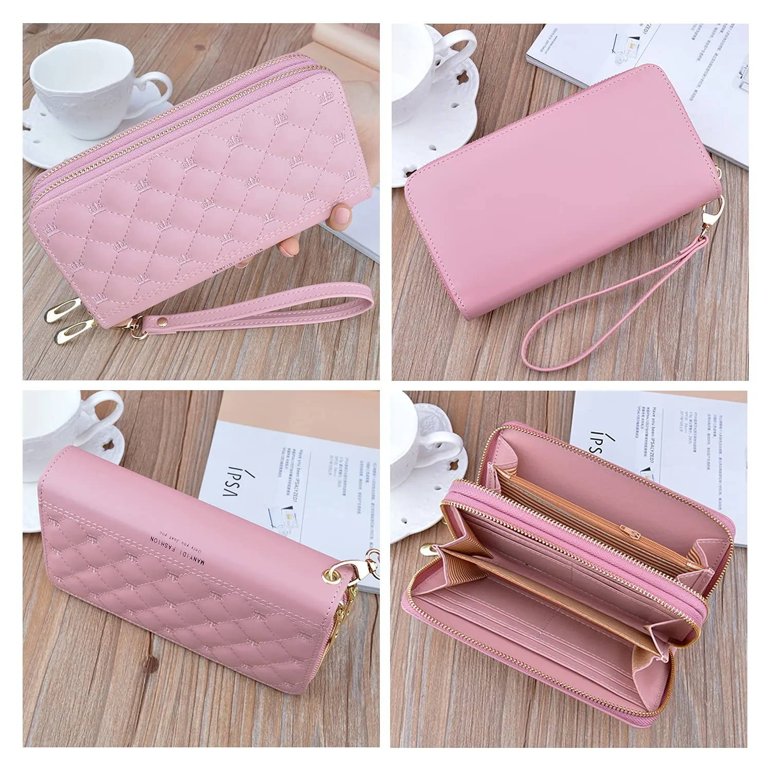 Yixuan Portafoglio Donna Grande in Ecopelle con Doppia Cerniera, Multi-Carte, Borsellino con Tasca per Cellulare - immagine 4