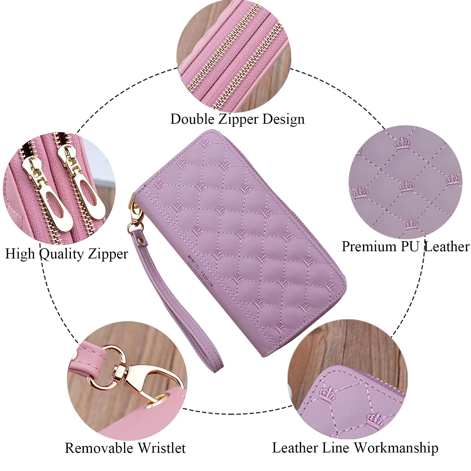 Yixuan Portafoglio Donna Ecopelle con Doppia Cerniera, Borsellino Lungo Multi-carte con Tasca per Cellulare - immagine 2