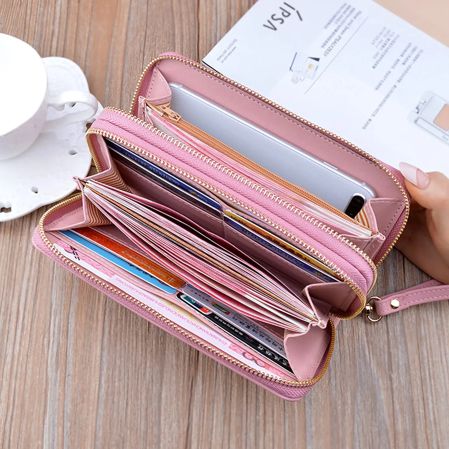 Yixuan Portafoglio Donna Ecopelle con Doppia Cerniera, Borsellino Lungo Multi-carte con Tasca per Cellulare - immagine 3
