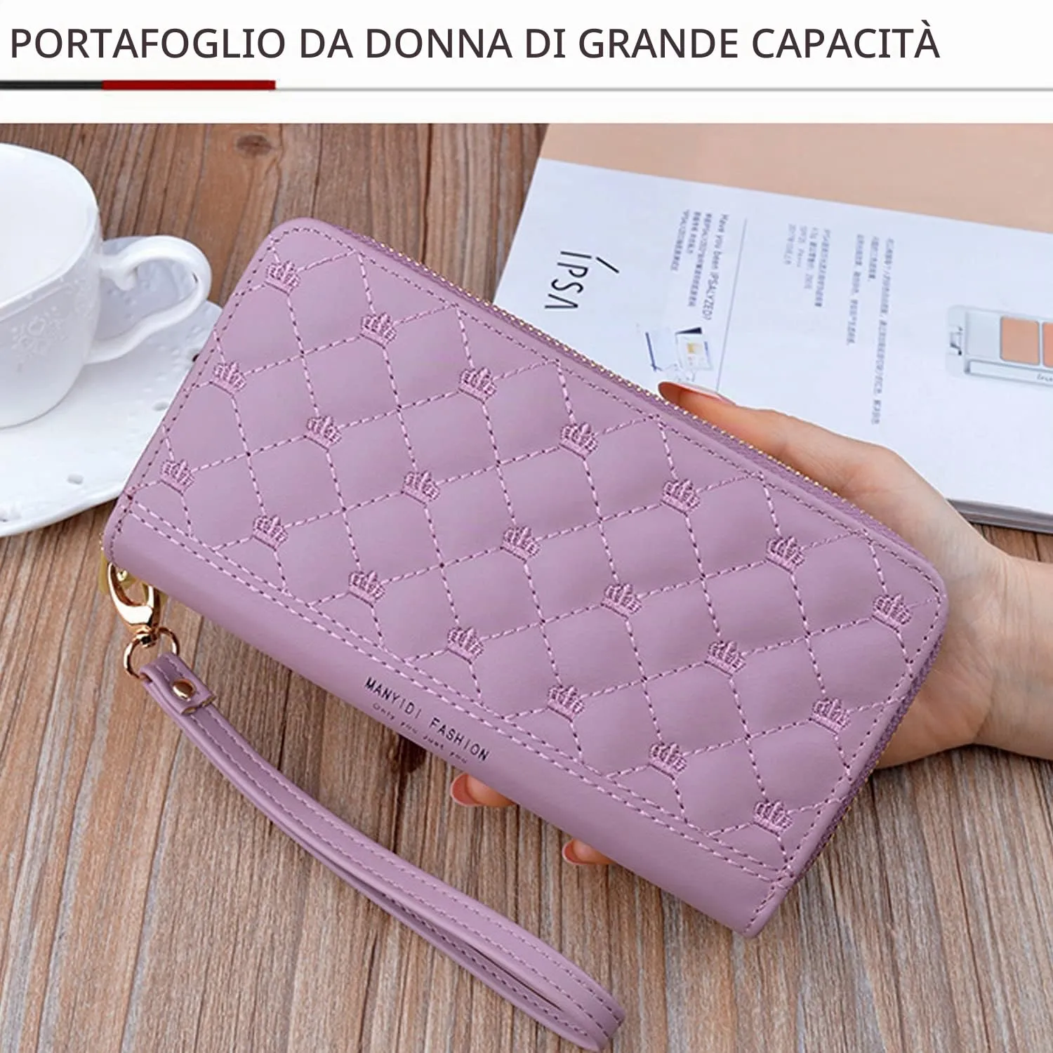 Yixuan Portafoglio Donna Ecopelle con Doppia Cerniera, Borsellino Lungo Multi-carte con Tasca per Cellulare - immagine 5