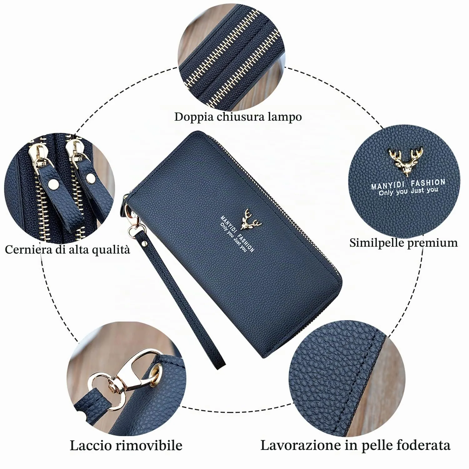 Yixuan Portafoglio Donna Grande in Ecopelle con Cerniere Doppie, Borsellino Lungo, Tasca per Cellulare e Multi-carte - immagine 2
