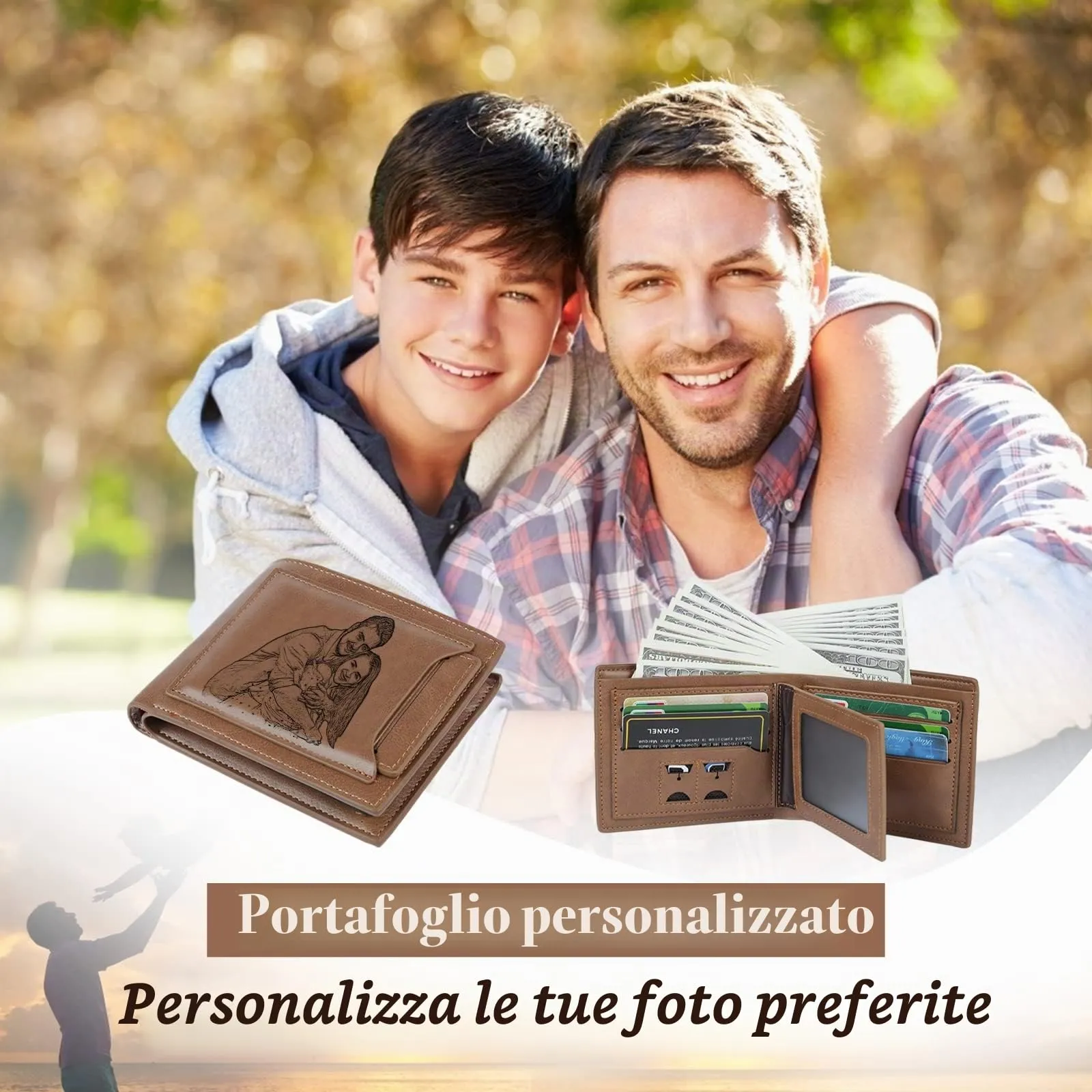 Glooraca Portafogli in pelle personalizzati per uomo Portafogli da uomo personalizzati Portafogli fotografici incisi per papà marito fidanzato (Stile L) - immagine 7