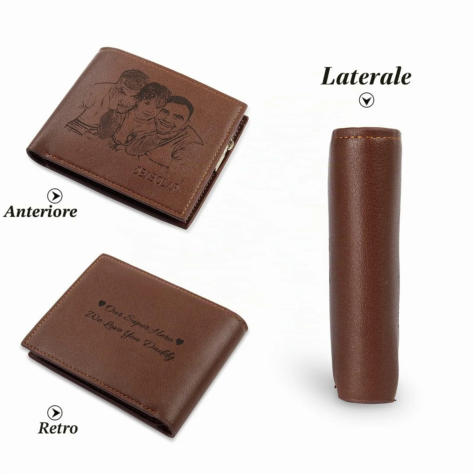 Glooraca Portafogli in pelle personalizzati per uomo Portafogli da uomo personalizzati Portafogli fotografici incisi per papà marito fidanzato (Stile H) - immagine 2