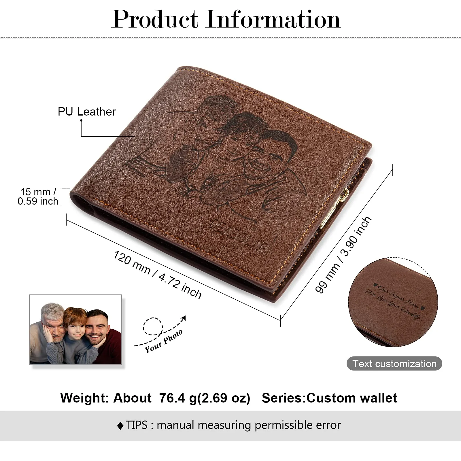 Glooraca Portafogli in pelle personalizzati per uomo Portafogli da uomo personalizzati Portafogli fotografici incisi per papà marito fidanzato (Stile H) - immagine 3