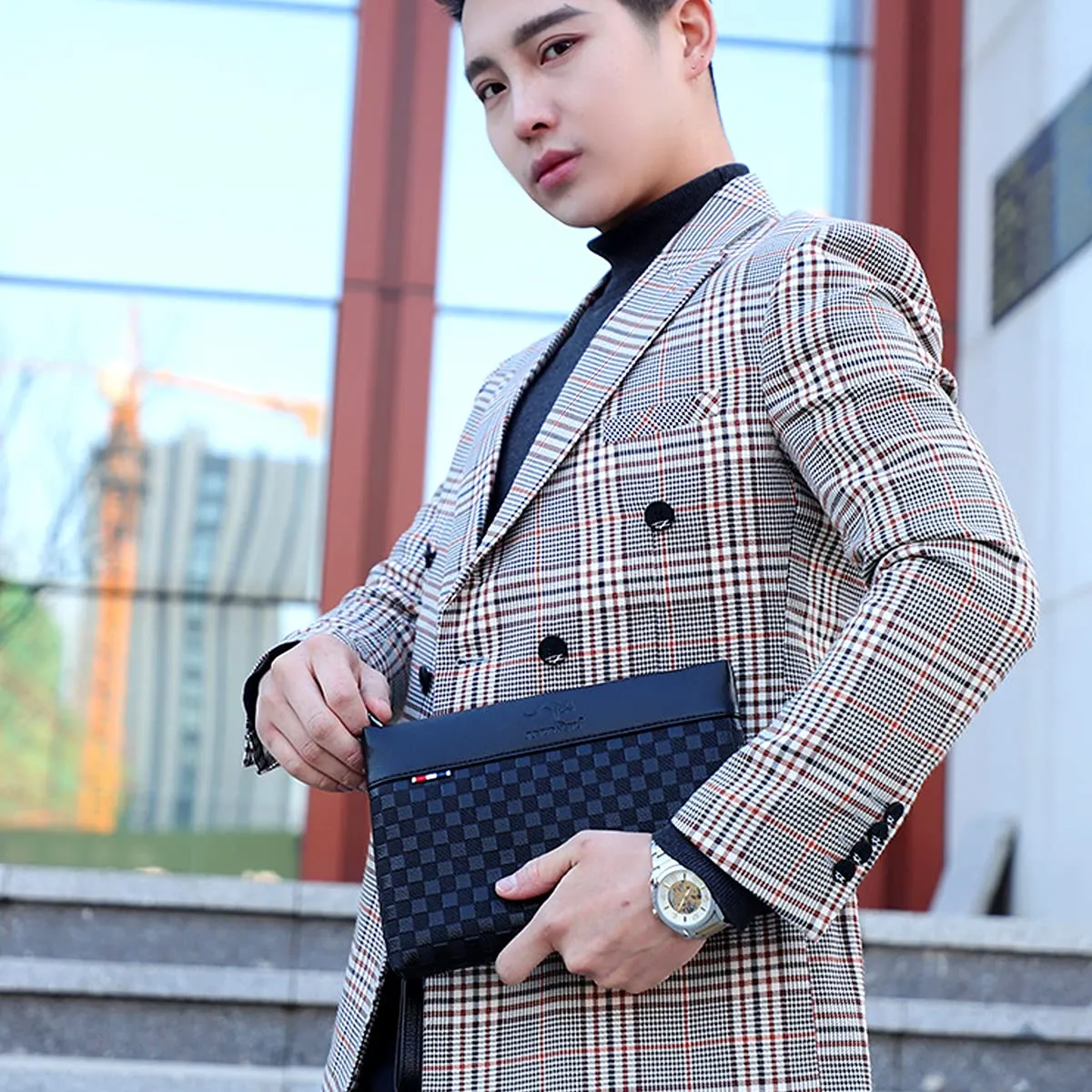 A-QMZL Pochette Uomo Pelle Pochette Business di Grande Capacità Pochette Buste Borsette Fessura Carte Tasche con Cerniera Portafogli Uomo con Cinturino Polso Borsa da Polso Lavoro Viaggio Casual - immagine 2