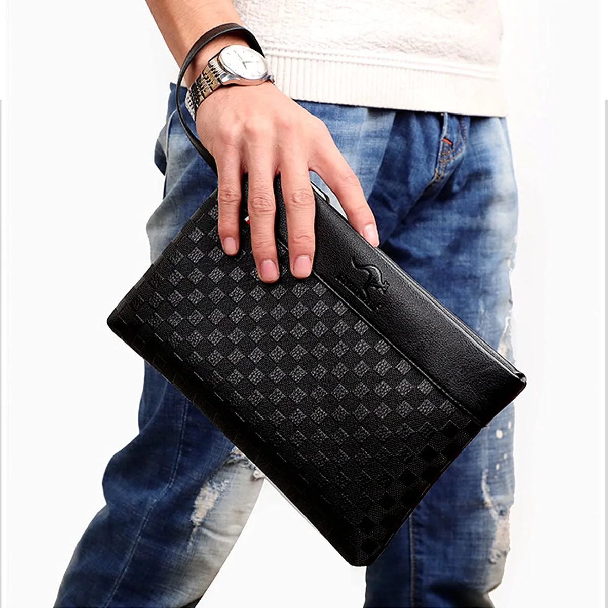 A-QMZL Pochette Uomo Pelle Pochette Business di Grande Capacità Pochette Buste Borsette Fessura Carte Tasche con Cerniera Portafogli Uomo con Cinturino Polso Borsa da Polso Lavoro Viaggio Casual - immagine 3