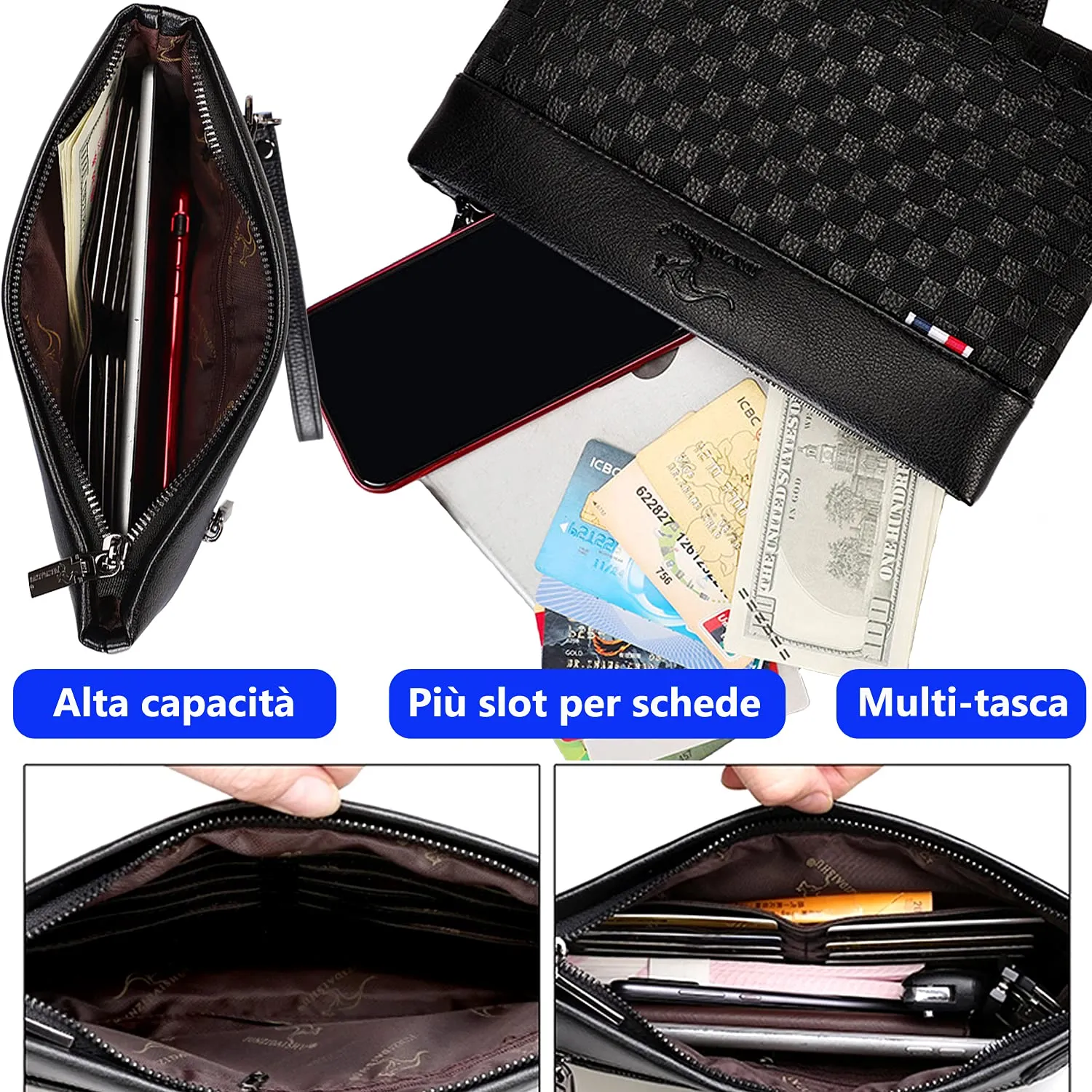 A-QMZL Pochette Uomo Pelle Pochette Business di Grande Capacità Pochette Buste Borsette Fessura Carte Tasche con Cerniera Portafogli Uomo con Cinturino Polso Borsa da Polso Lavoro Viaggio Casual - immagine 4