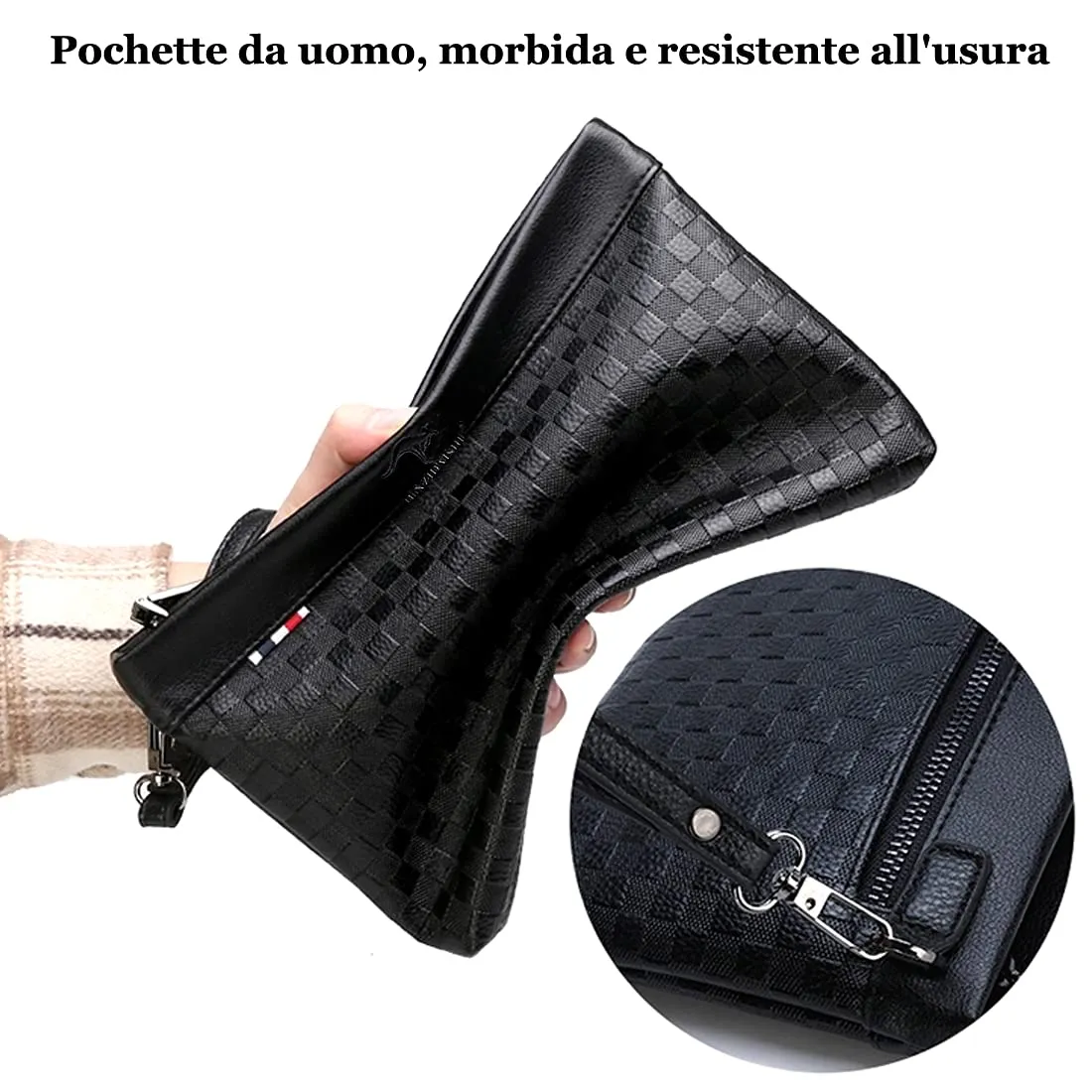 A-QMZL Pochette Uomo Pelle Pochette Business di Grande Capacità Pochette Buste Borsette Fessura Carte Tasche con Cerniera Portafogli Uomo con Cinturino Polso Borsa da Polso Lavoro Viaggio Casual - immagine 6