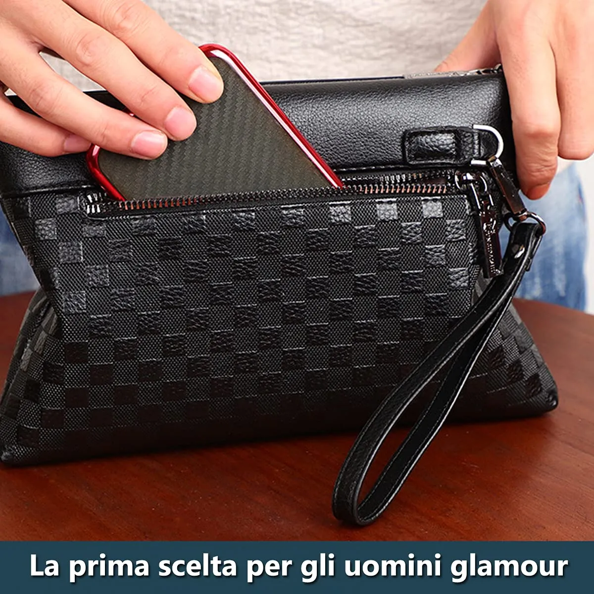 A-QMZL Pochette Uomo Pelle Pochette Business di Grande Capacità Pochette Buste Borsette Fessura Carte Tasche con Cerniera Portafogli Uomo con Cinturino Polso Borsa da Polso Lavoro Viaggio Casual - immagine 7