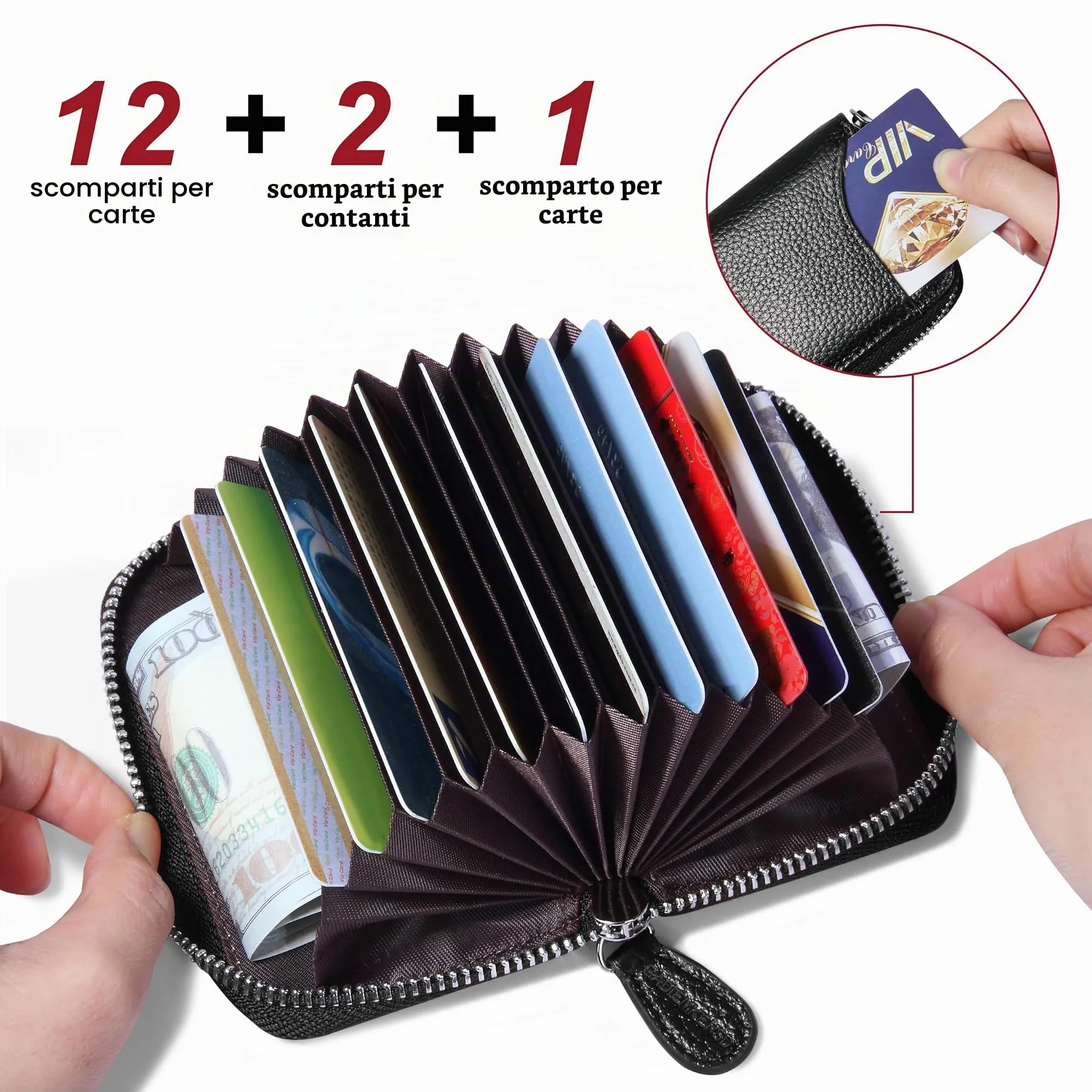 Credit Card Holder Small RFID Blocking Ladies Wallet with Stainless Steel Zipper Excellent Genuine Leather Accordion Wallets Case for Mens and Womens id Compact Slim Blocked Zip Accordian Cards Black - immagine 2