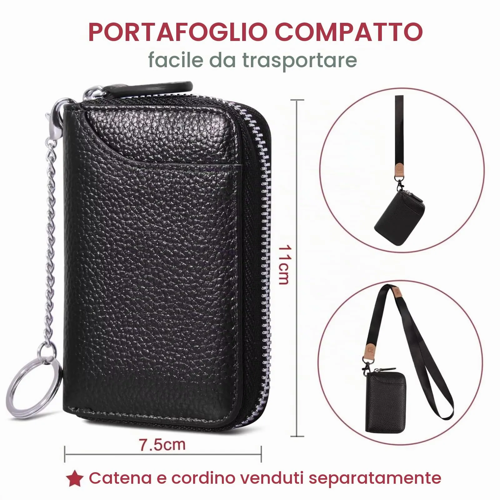 Credit Card Holder Small RFID Blocking Ladies Wallet with Stainless Steel Zipper Excellent Genuine Leather Accordion Wallets Case for Mens and Womens id Compact Slim Blocked Zip Accordian Cards Black - immagine 3