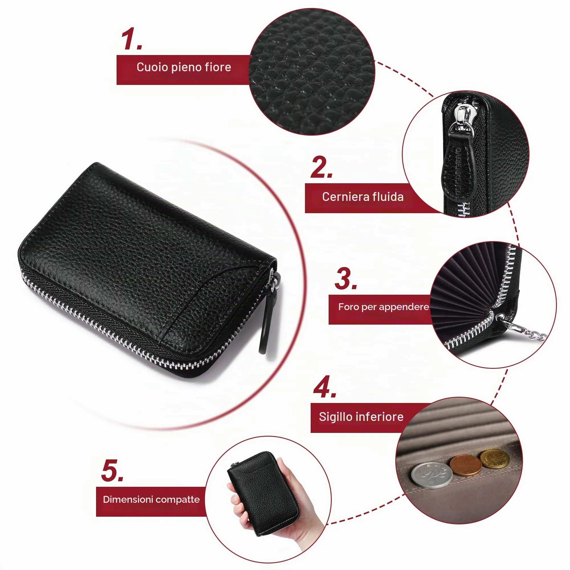 Credit Card Holder Small RFID Blocking Ladies Wallet with Stainless Steel Zipper Excellent Genuine Leather Accordion Wallets Case for Mens and Womens id Compact Slim Blocked Zip Accordian Cards Black - immagine 7