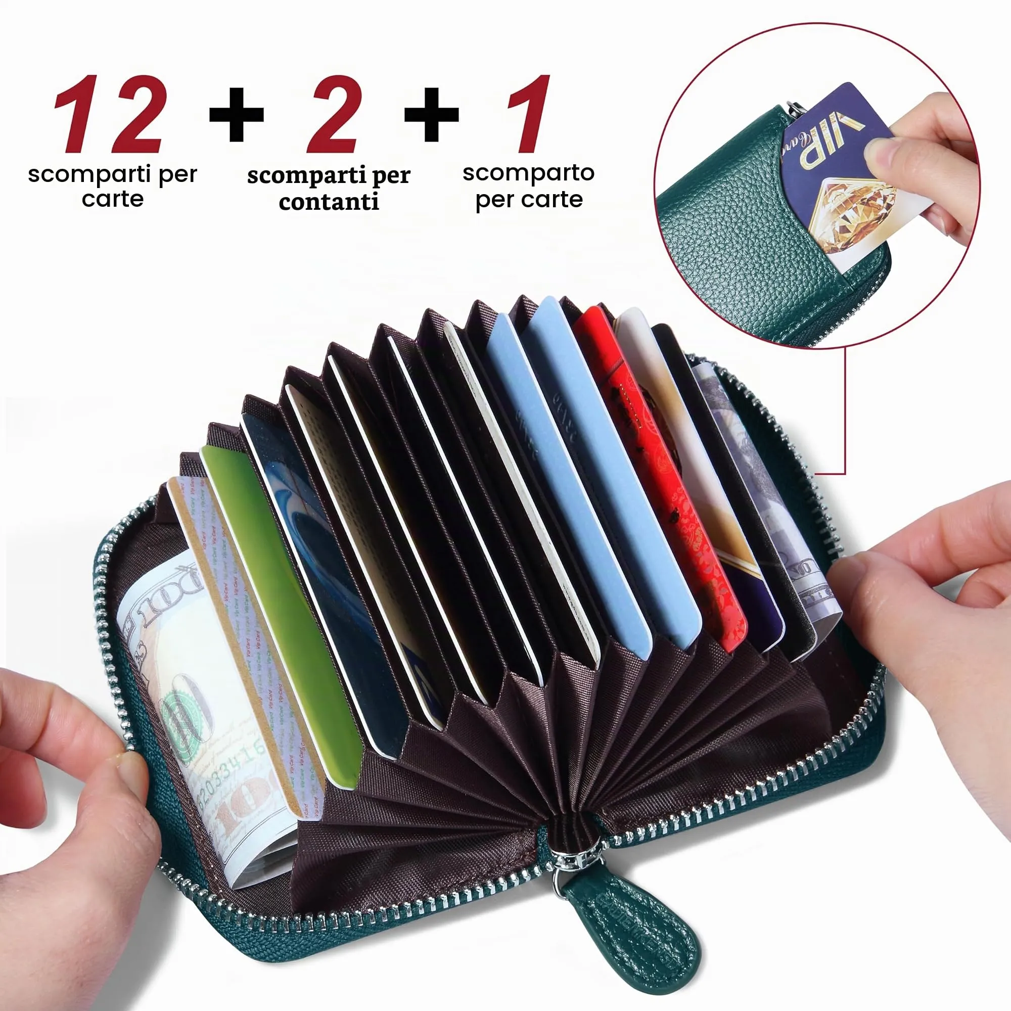 GADIEMKENSD Womens Credit Card Holder Wallet Zip Leather Card Case RFID Blocking Ladies Small Blocked Accordion Wallets with Stainless Steel Zipper Woman Compact Accordian ID Cards Bag Sea Blue - immagine 2