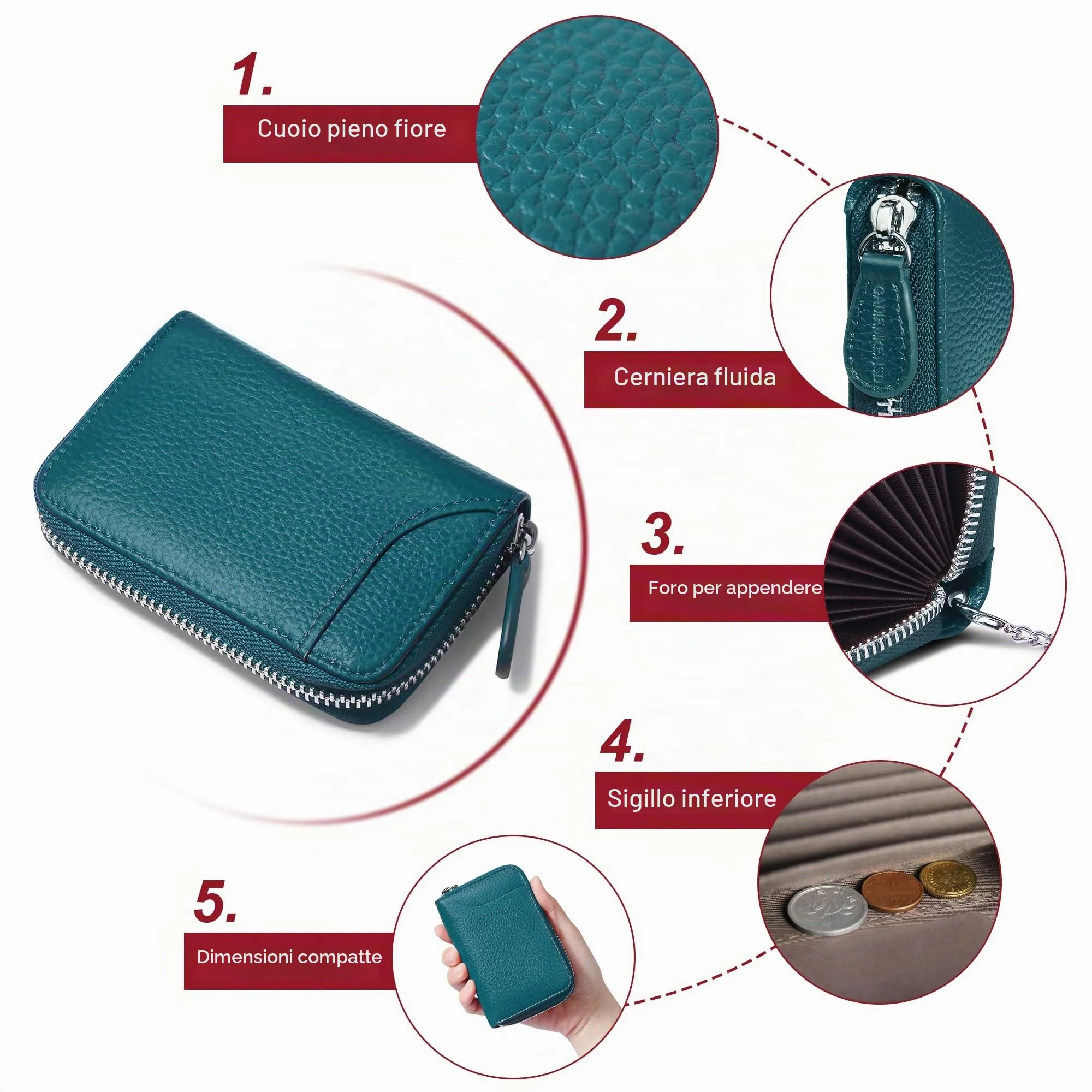 GADIEMKENSD Womens Credit Card Holder Wallet Zip Leather Card Case RFID Blocking Ladies Small Blocked Accordion Wallets with Stainless Steel Zipper Woman Compact Accordian ID Cards Bag Sea Blue - immagine 5