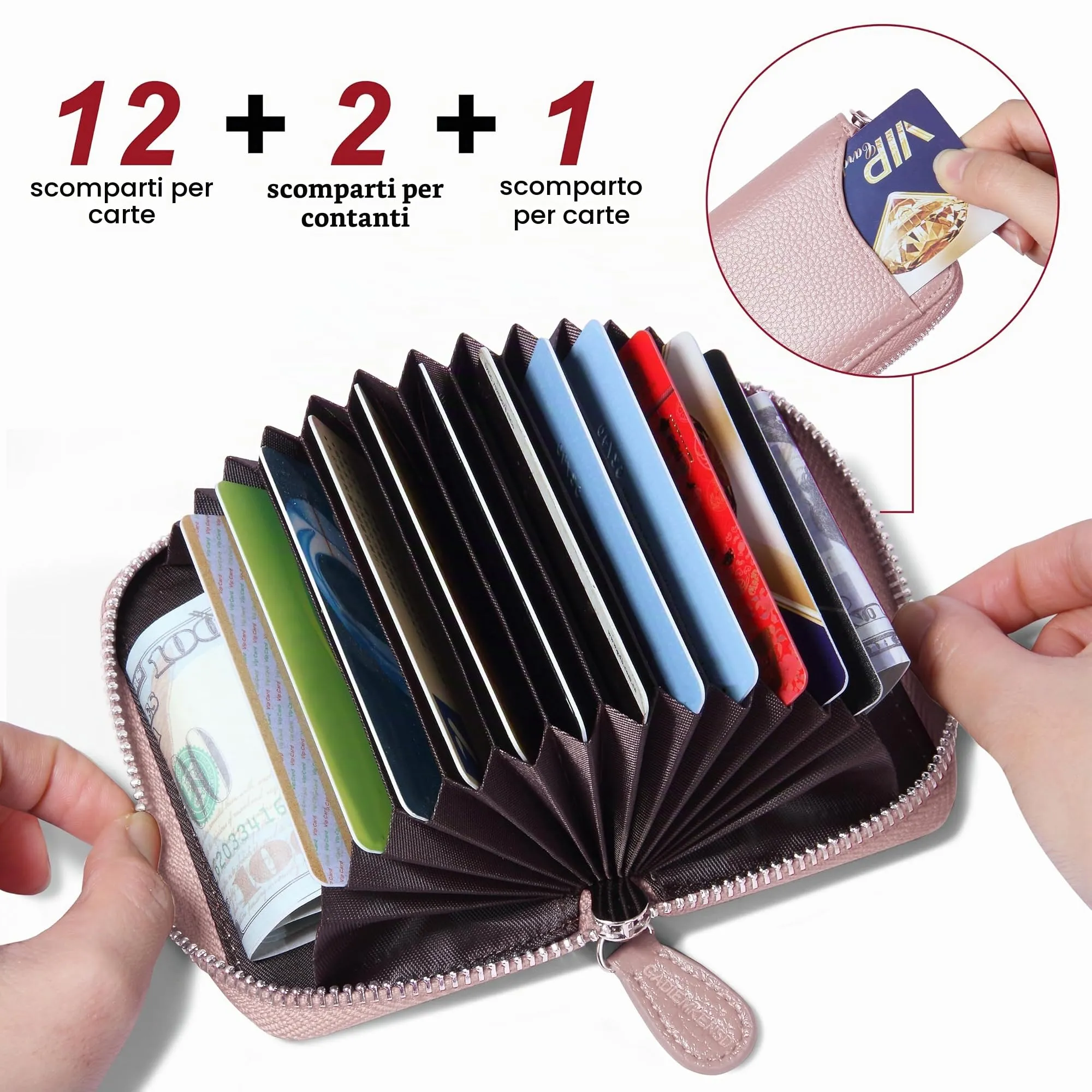 Womens Credit Card Holder Small RFID Blocking Ladies Wallet with Stainless Steel Zipper Excellent Genuine Leather Accordion Wallets Case for Women ID Compact Slim Blocked Zip Accordian Cards Pink - immagine 2
