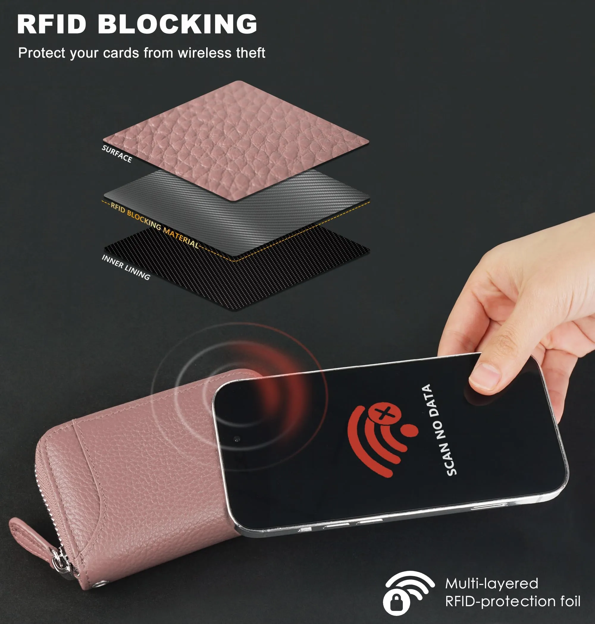 Womens Credit Card Holder Small RFID Blocking Ladies Wallet with Stainless Steel Zipper Excellent Genuine Leather Accordion Wallets Case for Women ID Compact Slim Blocked Zip Accordian Cards Pink - immagine 3