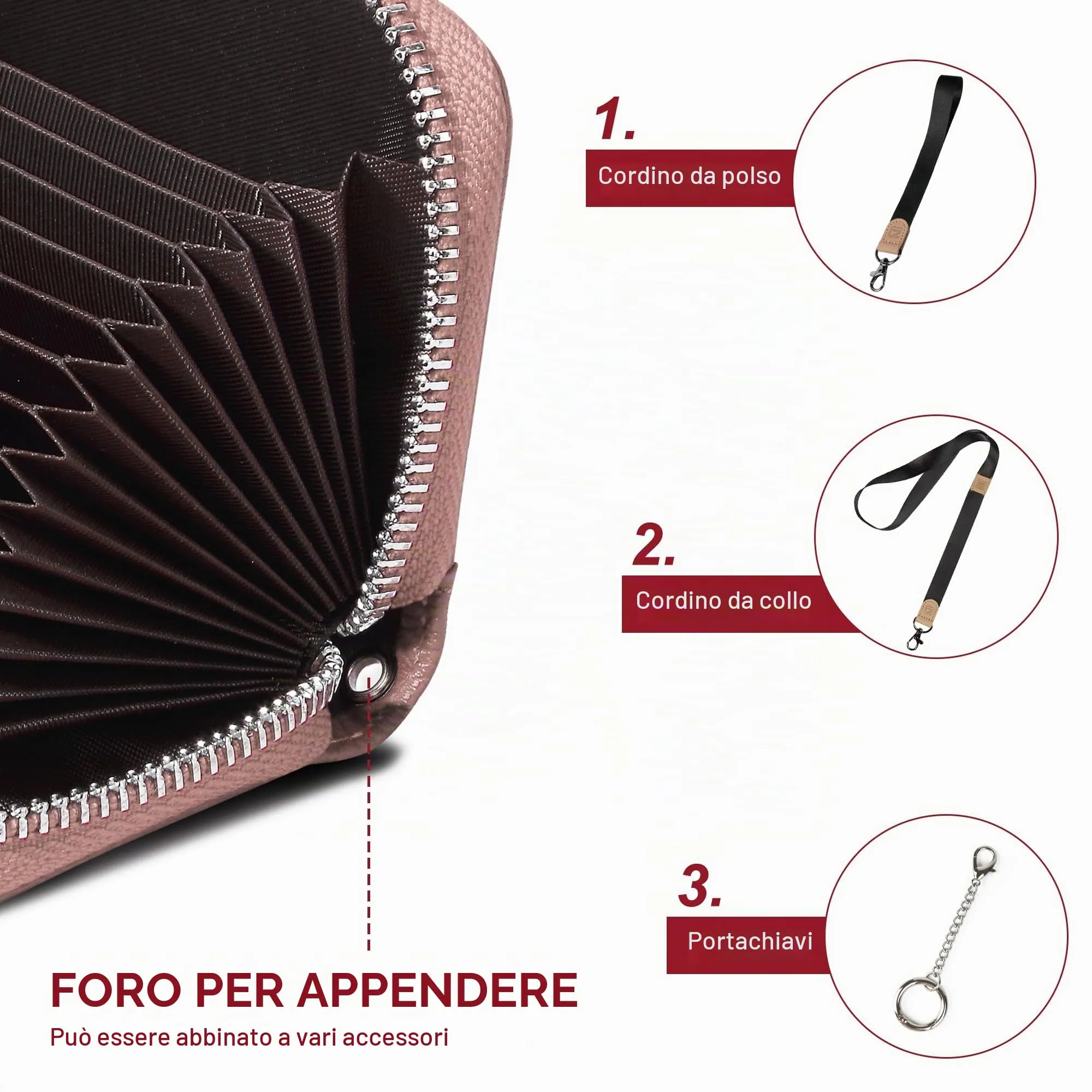 Womens Credit Card Holder Small RFID Blocking Ladies Wallet with Stainless Steel Zipper Excellent Genuine Leather Accordion Wallets Case for Women ID Compact Slim Blocked Zip Accordian Cards Pink - immagine 4