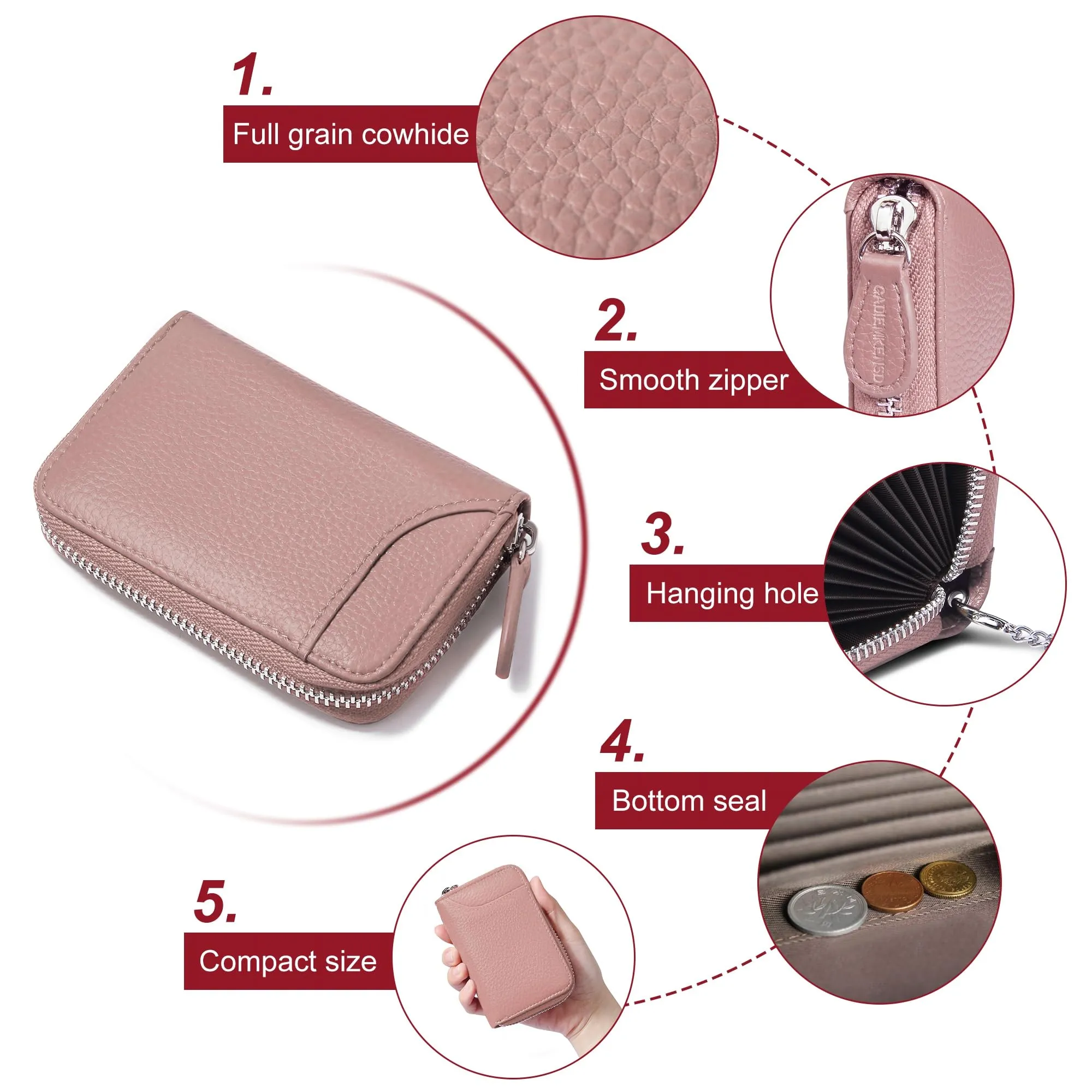 Womens Credit Card Holder Small RFID Blocking Ladies Wallet with Stainless Steel Zipper Excellent Genuine Leather Accordion Wallets Case for Women ID Compact Slim Blocked Zip Accordian Cards Pink - immagine 5