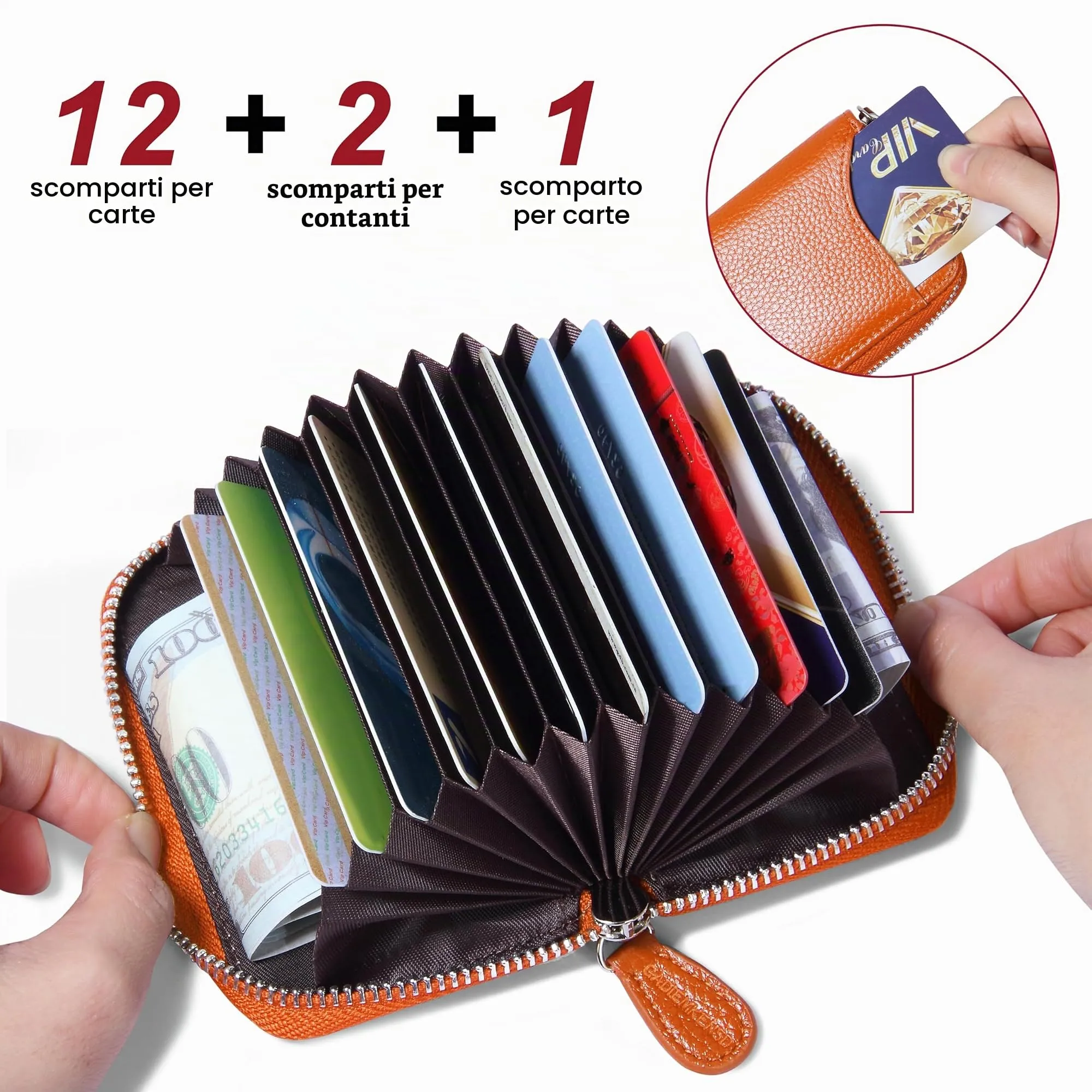 RFID Blocking Leather Wallet for Women Women's Genuine Leather Credit Card Holder Ladies Small Blocked Accordion Wallets with Stainless Steel Zipper Woman Compact Accordian ID Cards Bag Orange - immagine 2