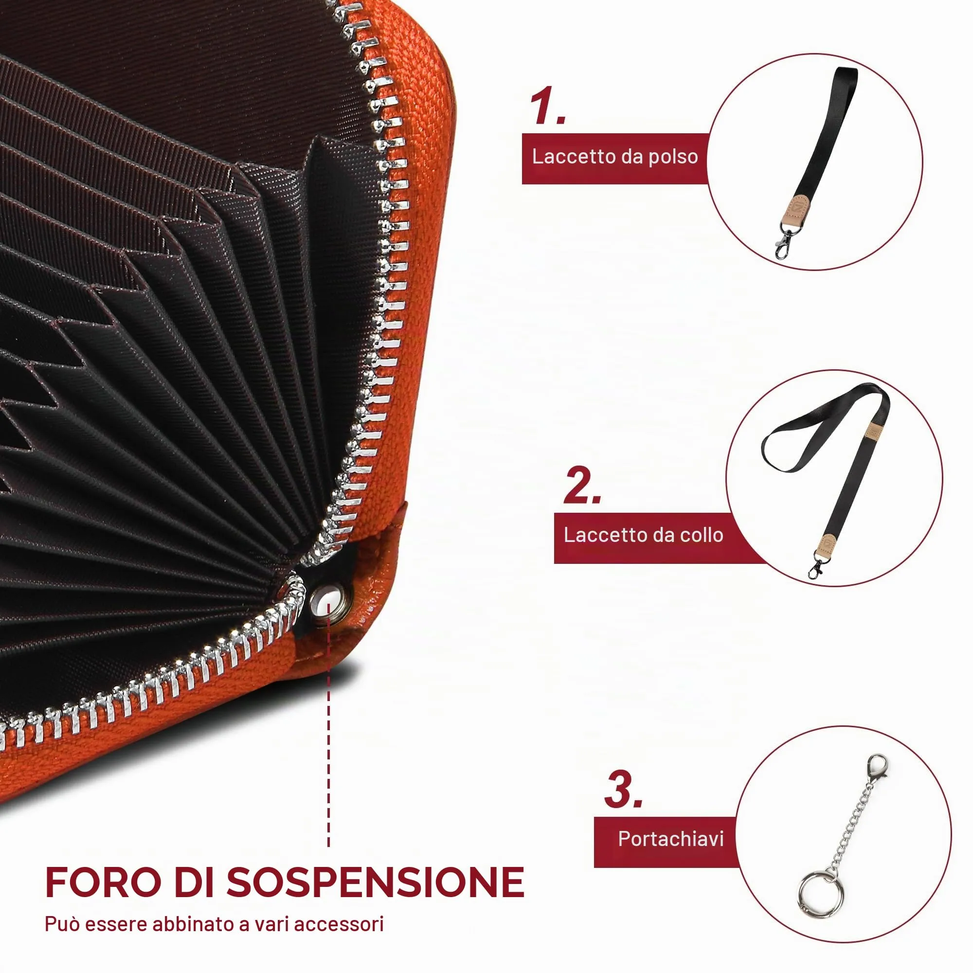 RFID Blocking Leather Wallet for Women Women's Genuine Leather Credit Card Holder Ladies Small Blocked Accordion Wallets with Stainless Steel Zipper Woman Compact Accordian ID Cards Bag Orange - immagine 5