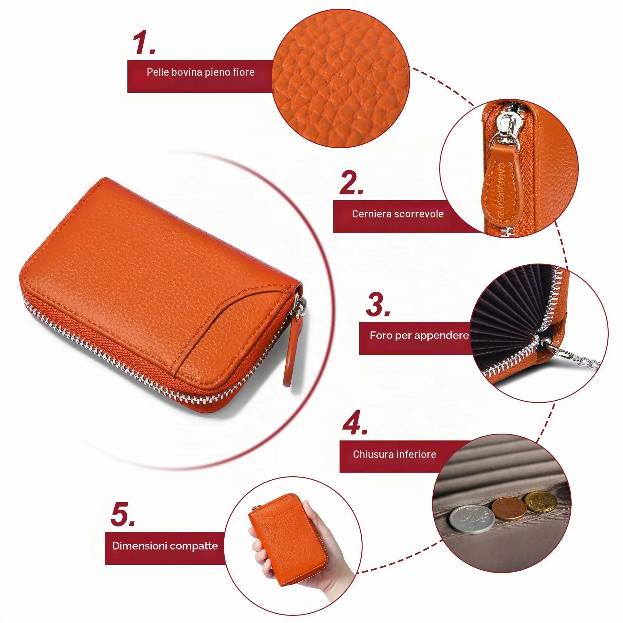RFID Blocking Leather Wallet for Women Women's Genuine Leather Credit Card Holder Ladies Small Blocked Accordion Wallets with Stainless Steel Zipper Woman Compact Accordian ID Cards Bag Orange - immagine 6