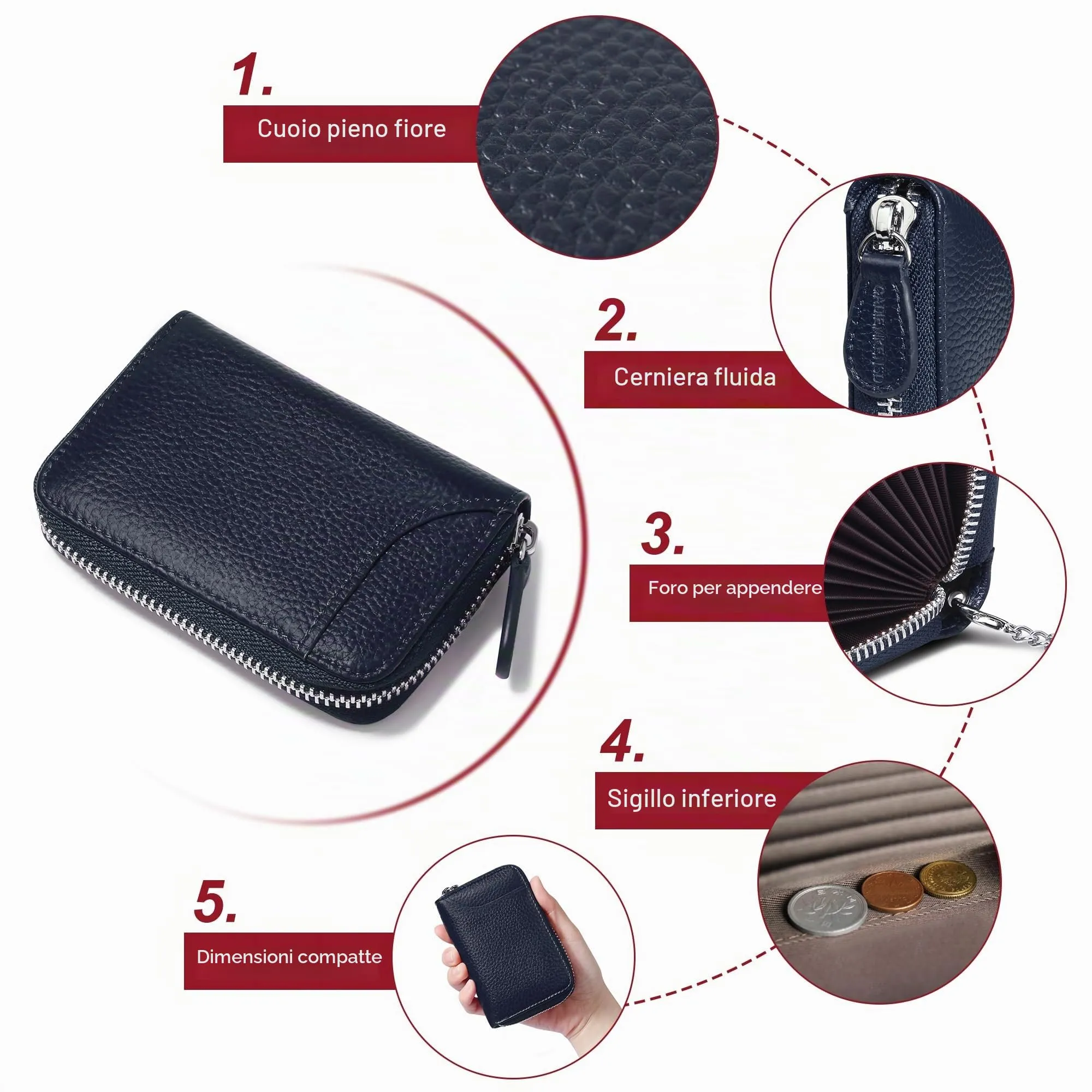 GADIEMKENSD Womens Credit Card Holder Wallet Zip Leather Card Case RFID Blocking Ladies Small Blocked Accordion Wallets with Stainless Steel Zipper Woman Compact Accordian ID Cards Bag Deep Blue - immagine 5