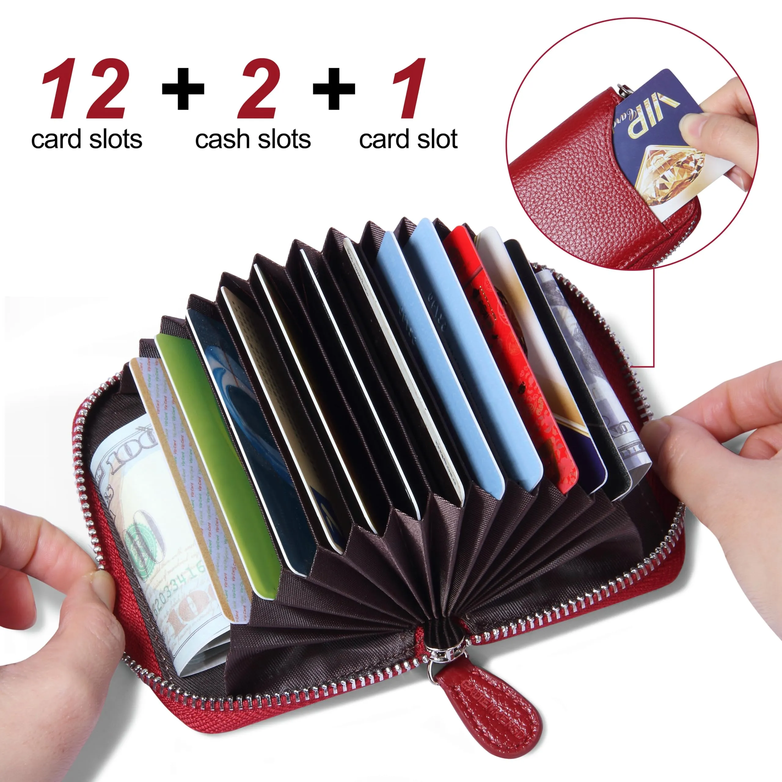 RFID Blocking Leather Wallet for Women,Excellent Women's Genuine Leather Credit Card Holder Ladies Small Blocked Accordion Wallets with Stainless Steel Zipper Compact Accordian ID Cards Bag Wine Red - immagine 2