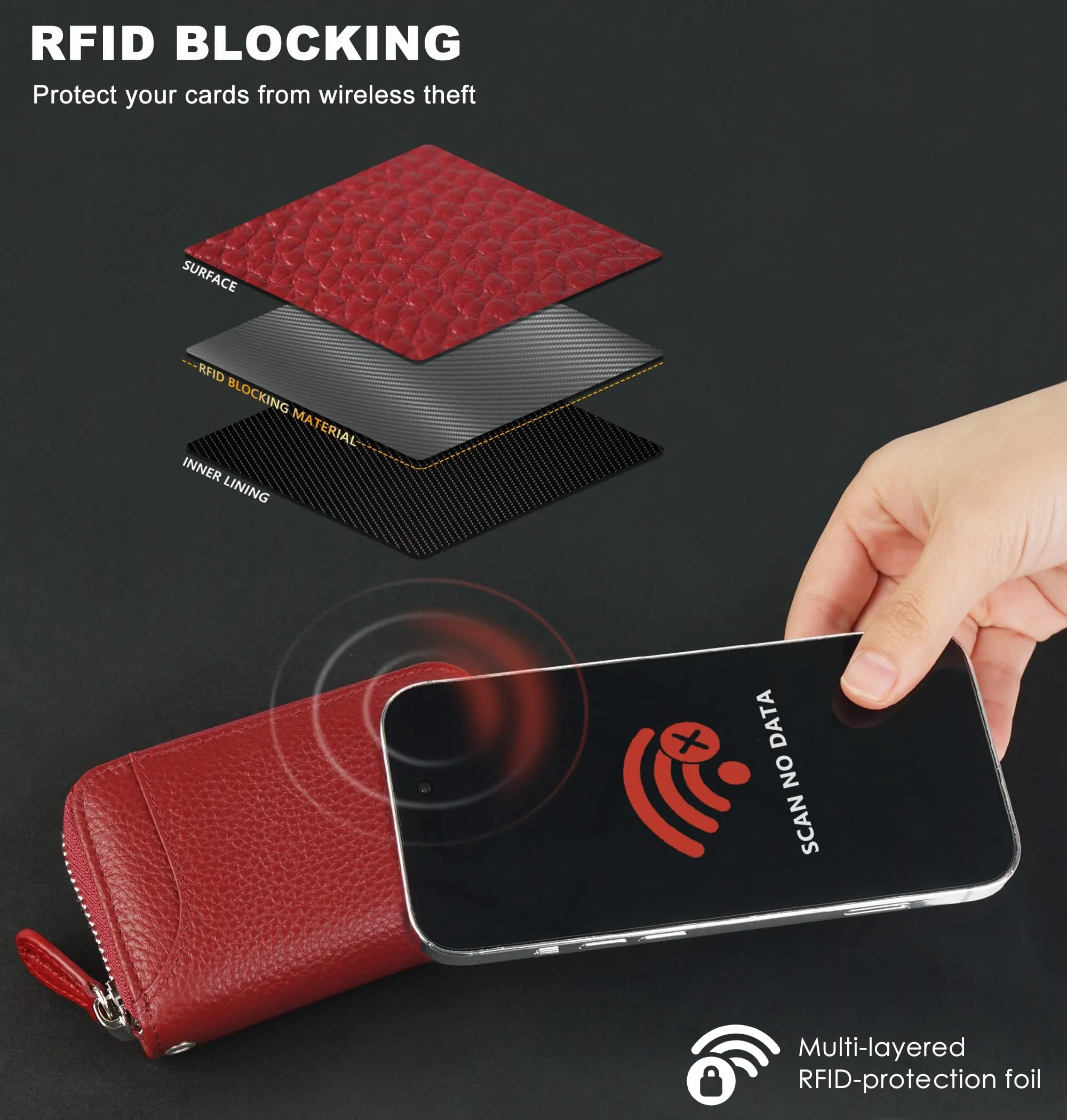 RFID Blocking Leather Wallet for Women,Excellent Women's Genuine Leather Credit Card Holder Ladies Small Blocked Accordion Wallets with Stainless Steel Zipper Compact Accordian ID Cards Bag Wine Red - immagine 3