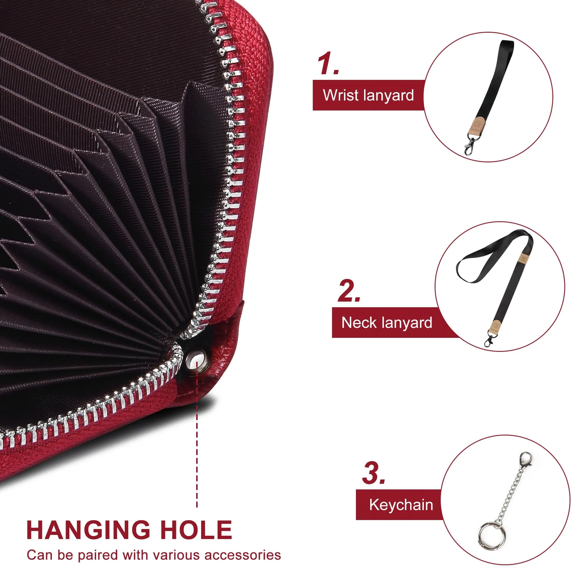 RFID Blocking Leather Wallet for Women,Excellent Women's Genuine Leather Credit Card Holder Ladies Small Blocked Accordion Wallets with Stainless Steel Zipper Compact Accordian ID Cards Bag Wine Red - immagine 4