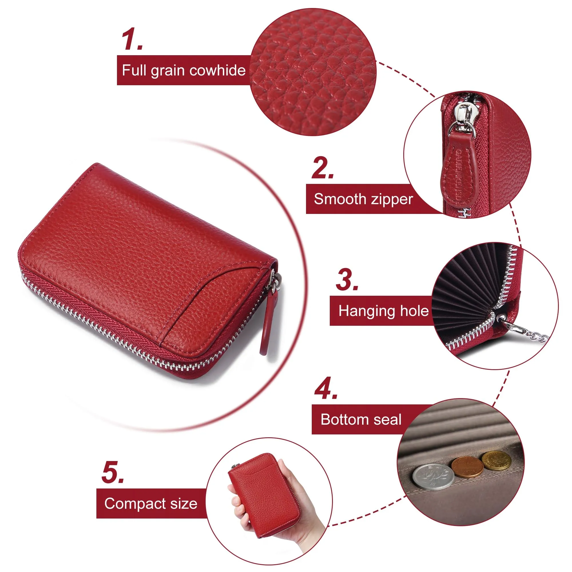 RFID Blocking Leather Wallet for Women,Excellent Women's Genuine Leather Credit Card Holder Ladies Small Blocked Accordion Wallets with Stainless Steel Zipper Compact Accordian ID Cards Bag Wine Red - immagine 5