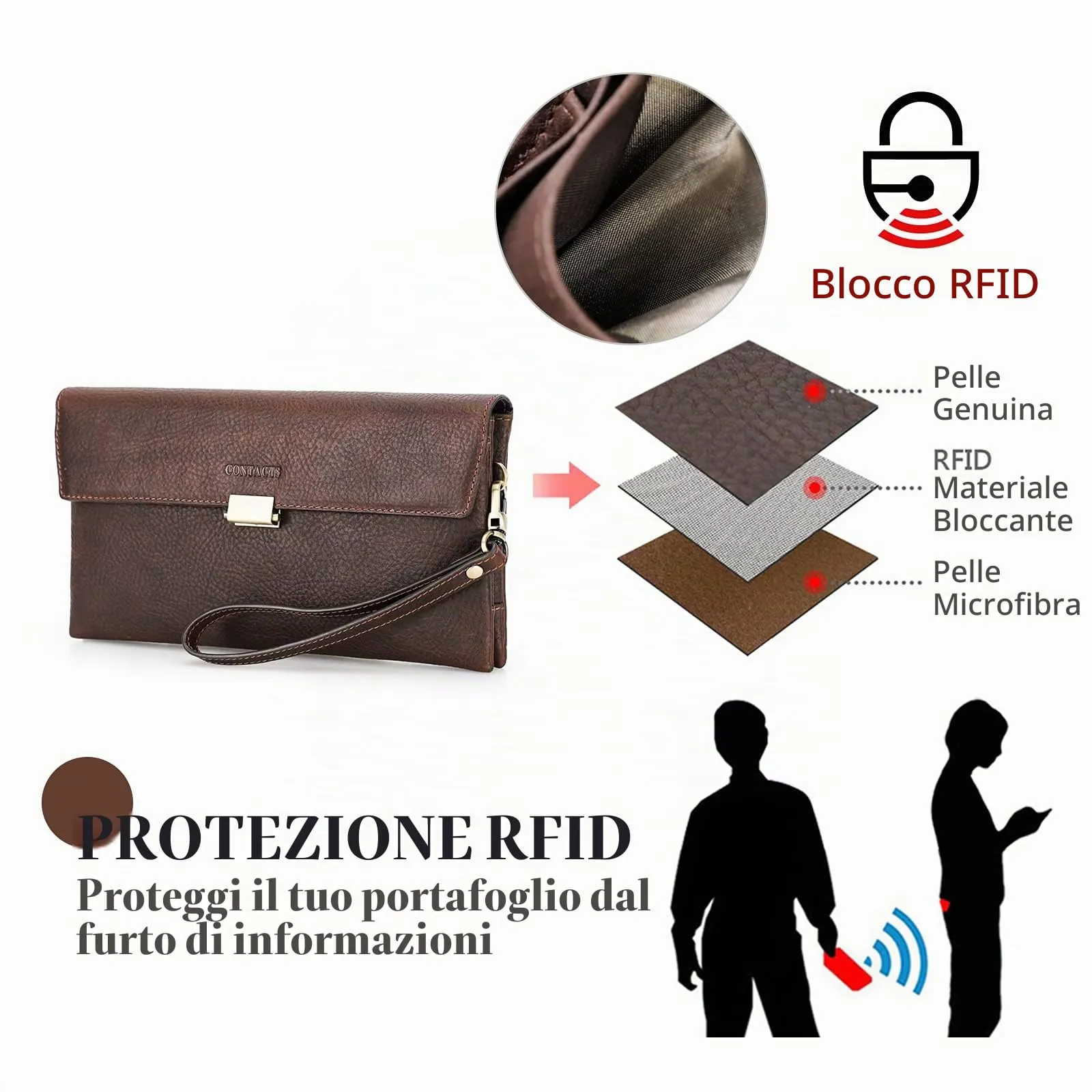 Contacts Frizione da uomo in vera pelle per carte d'identità da uomo, grande capacità con serratura antifurto passaporto da viaggio portafoglio porta telefono borsa a mano con cinturino da polso - immagine 6