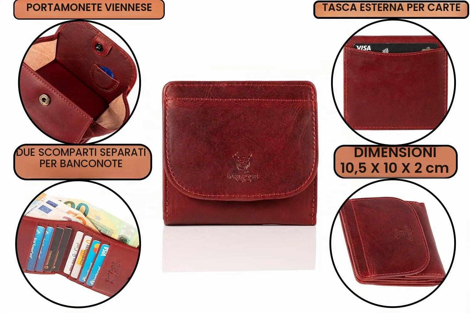 Matador Portafoglio Donna Piccolo Pelle RFID Portamonete Rosso - immagine 5