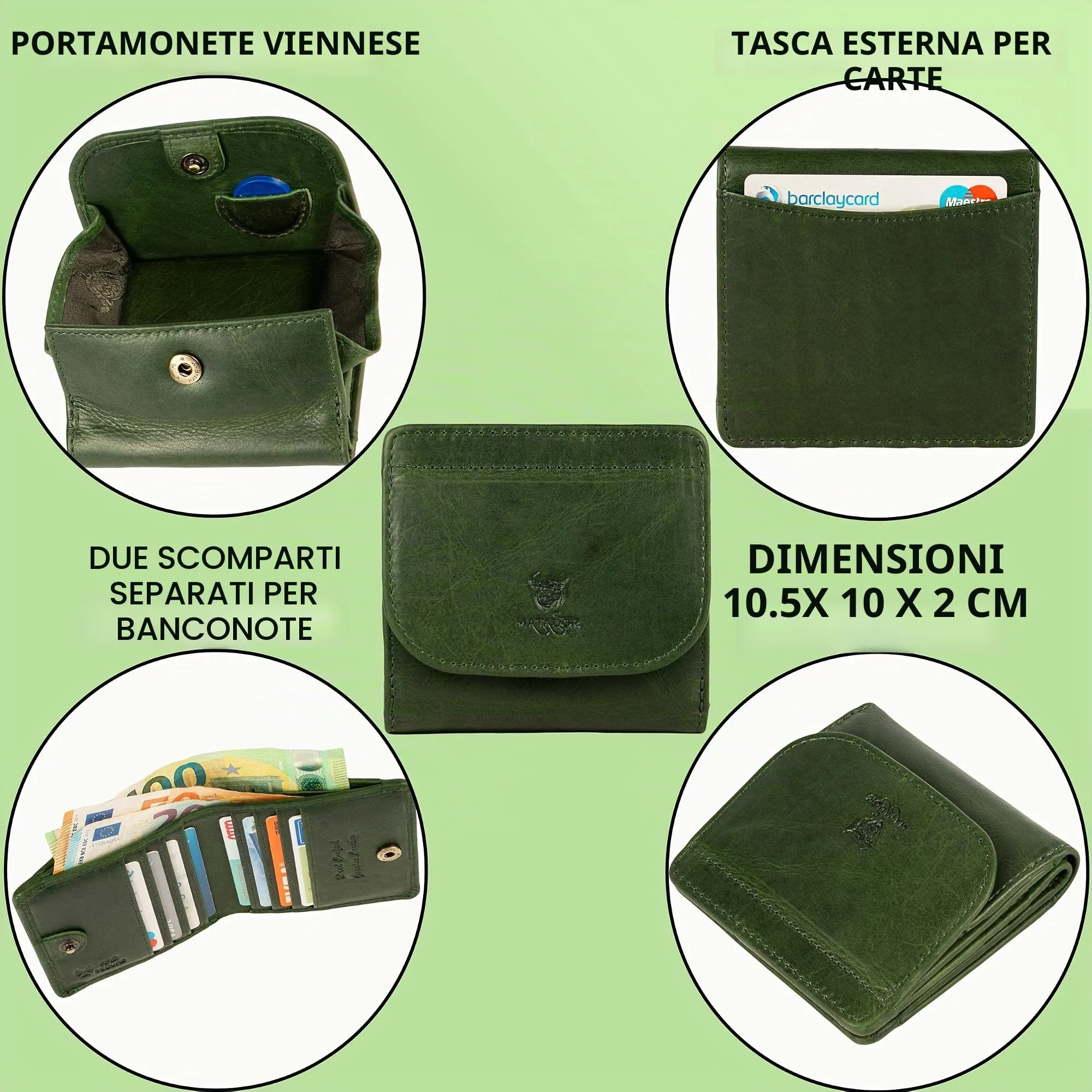 Matador Portafoglio Uomo Donna Piccolo Pelle RFID Portamonete Verde - immagine 4