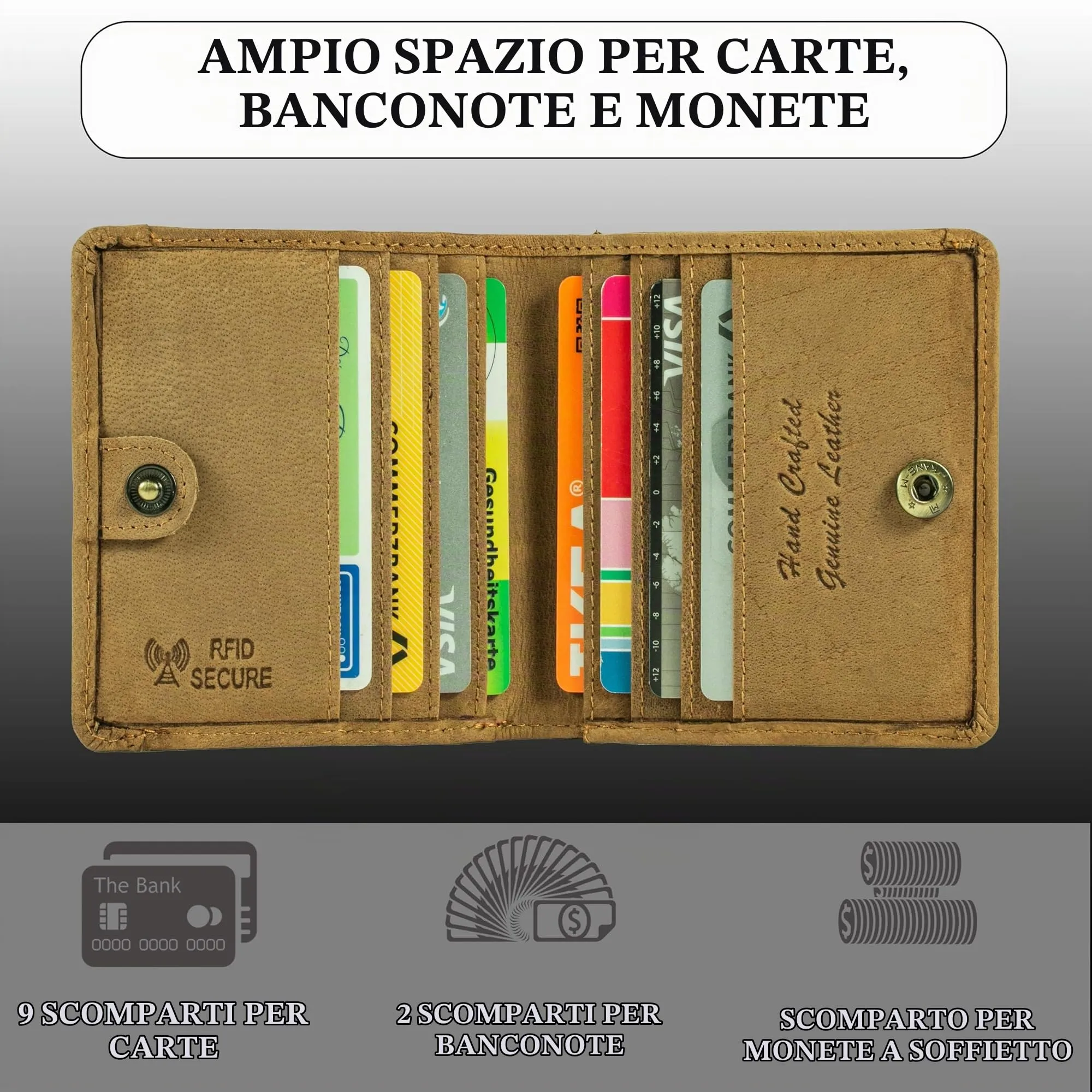 Matador Portafoglio Uomo Piccolo Pelle RFID Portamonete Marrone Chiaro - immagine 2