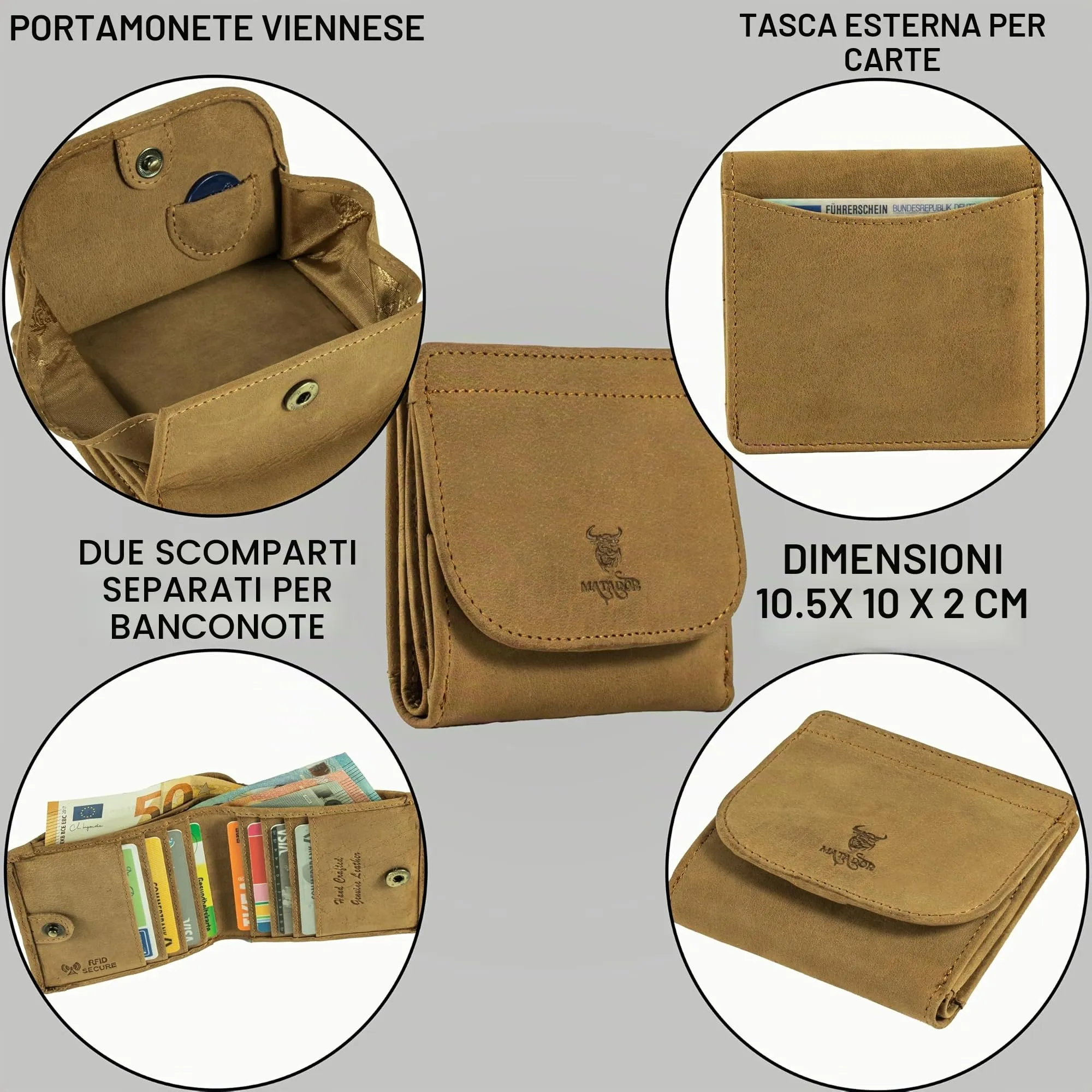 Matador Portafoglio Uomo Piccolo Pelle RFID Portamonete Marrone Chiaro - immagine 4