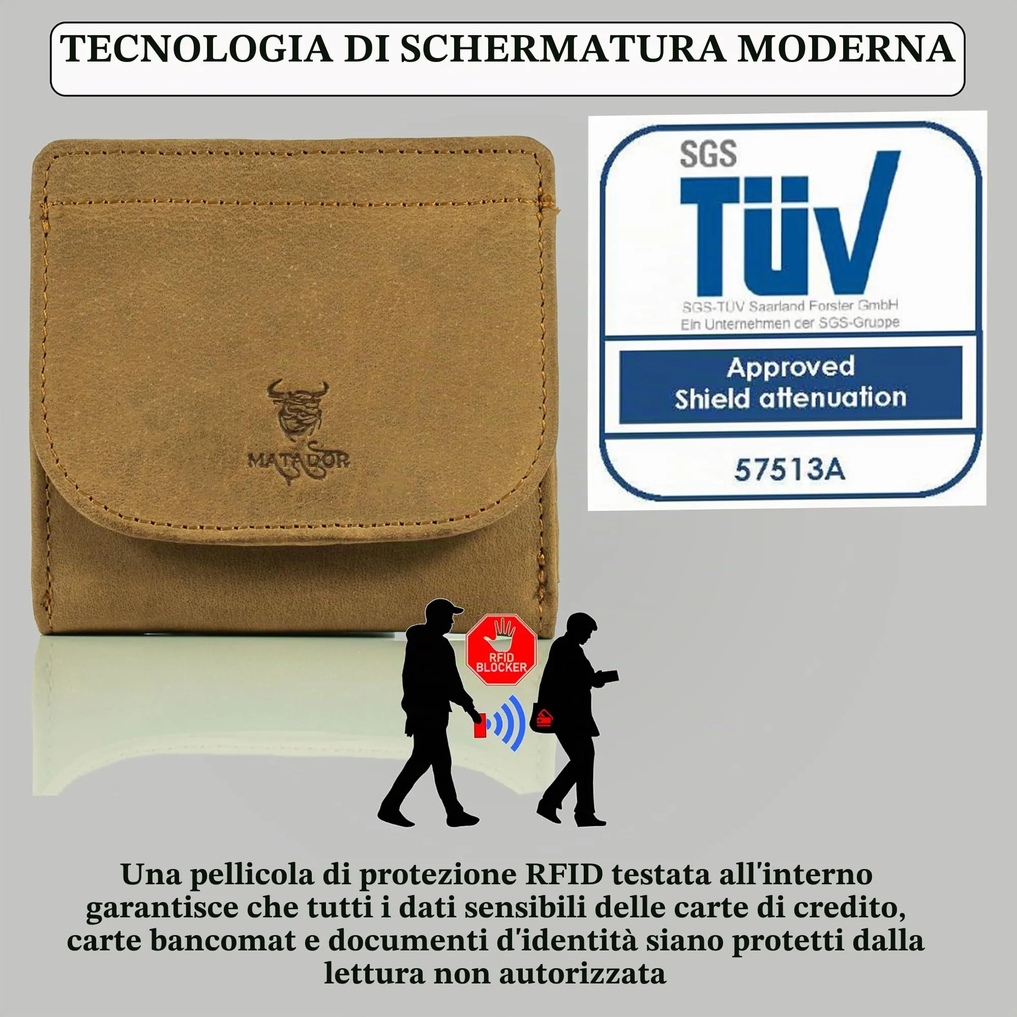Matador Portafoglio Uomo Piccolo Pelle RFID Portamonete Marrone Chiaro - immagine 5