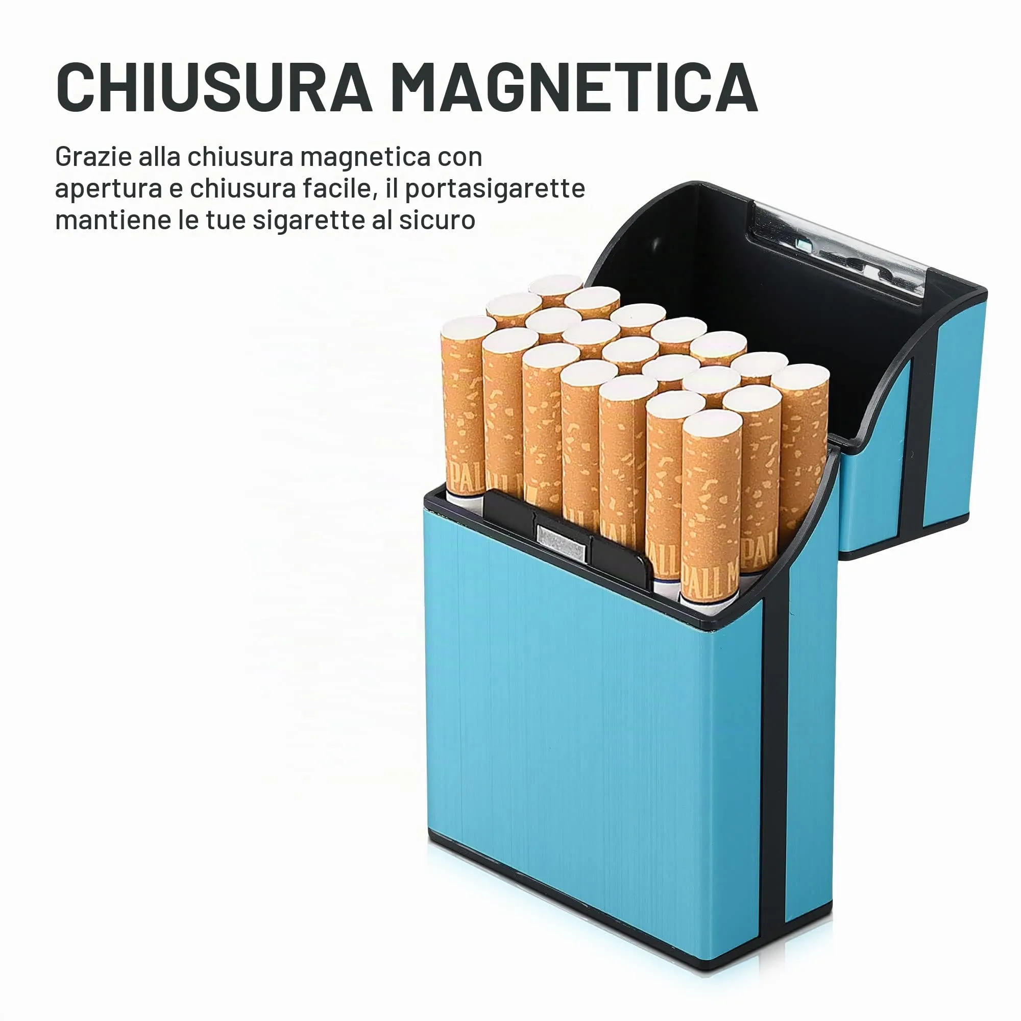 kwmobile Portasigarette in plastica e alluminio per ca.20 sigarette - Contenitore box pacchetto chiusura magnetica con coperchio automatico blu chiaro - immagine 4