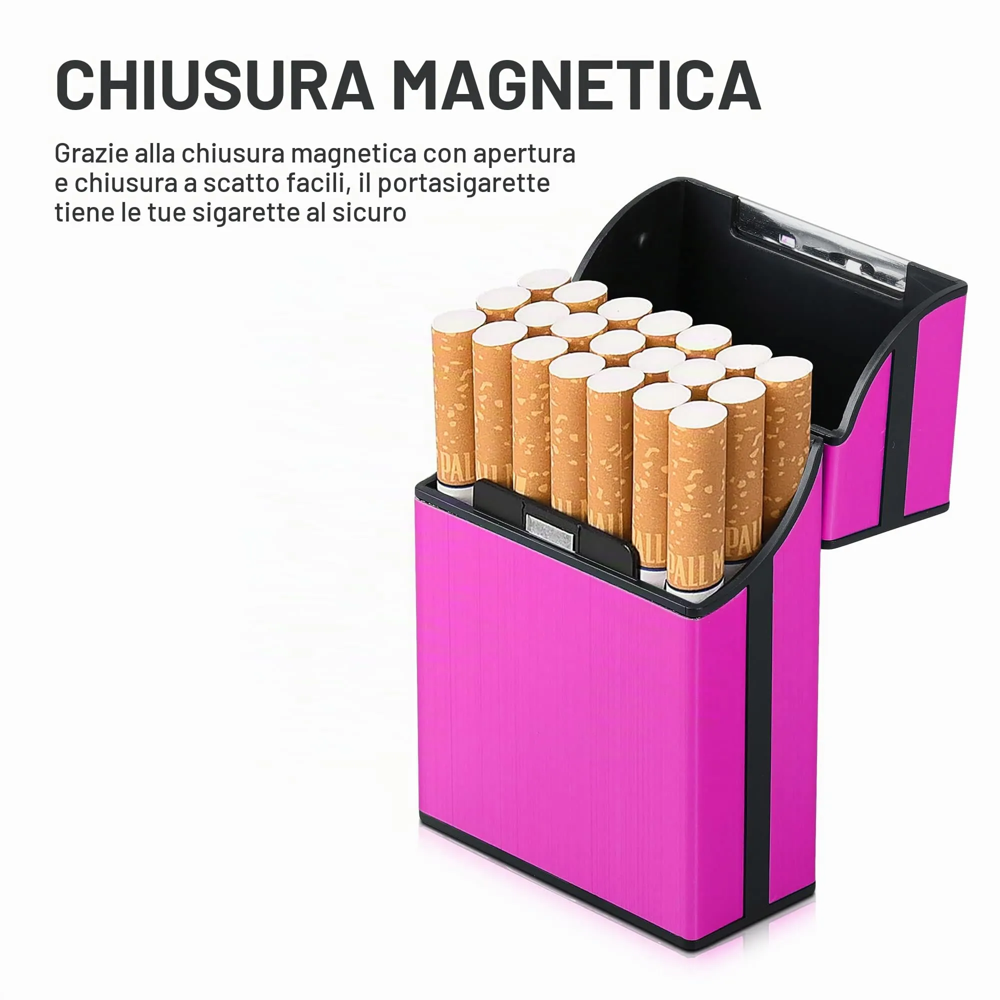 kwmobile Portasigarette in plastica e alluminio per ca.20 sigarette - Contenitore box pacchetto chiusura magnetica con coperchio automatico fucsia - immagine 4
