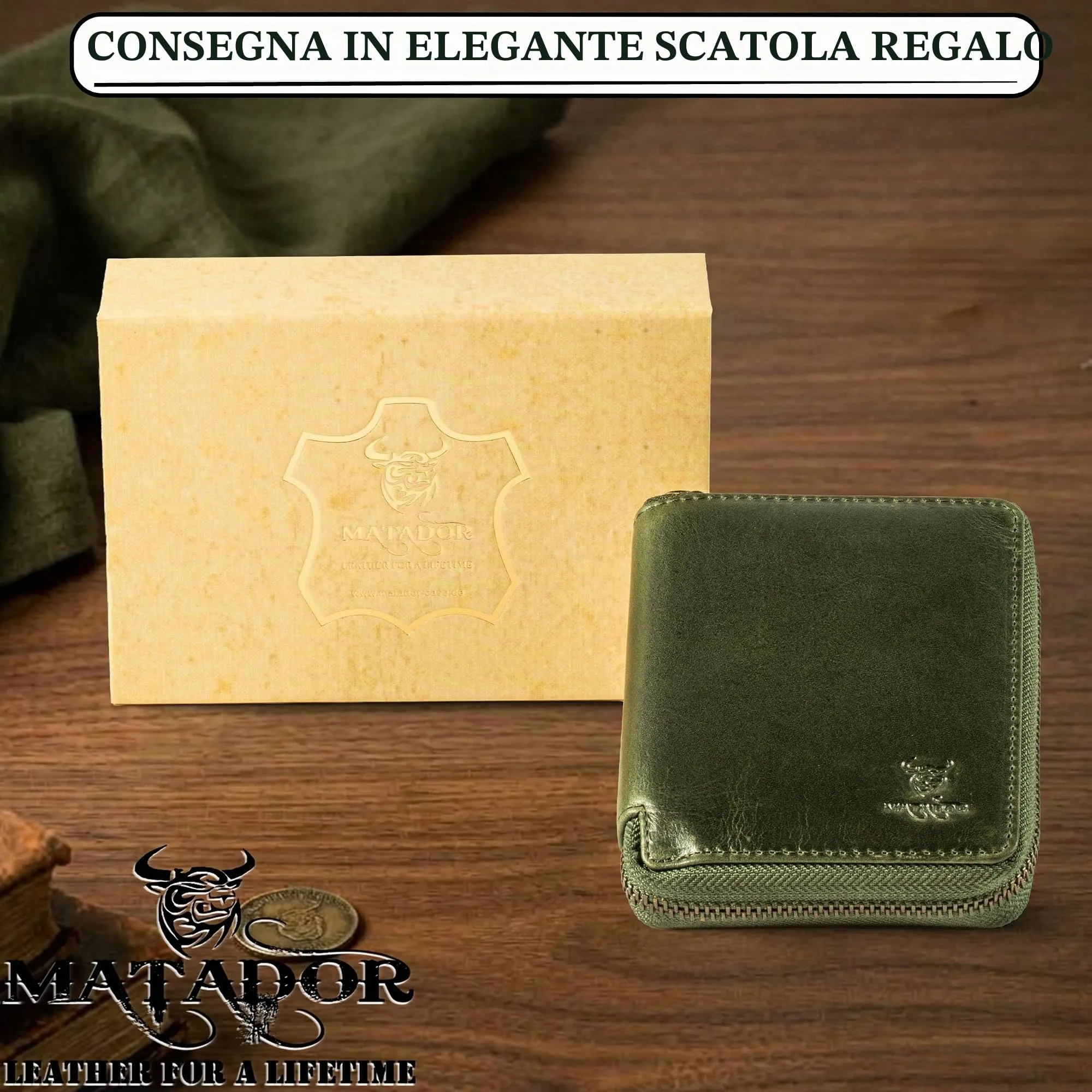 Matador Portafogli Uomo Donna Vera Pelle RFID Verde Cerniera Perimetrale - immagine 5