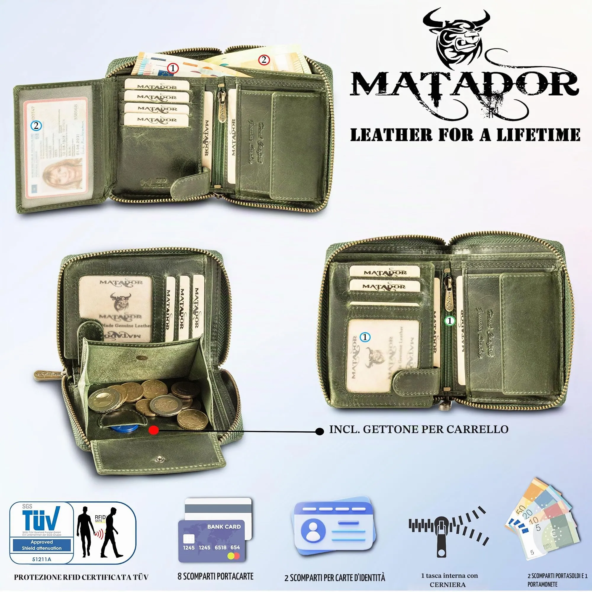 Matador Porta Carte Uomo Donna Portafoglio RFID, Verde - immagine 2