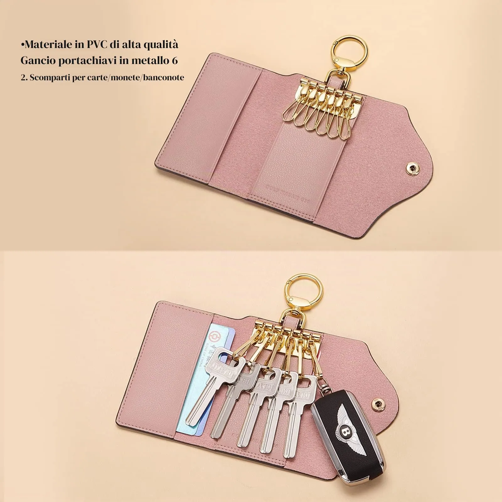 GOLF SUPAGS Portachiavi Porta Carte da Donna in Pelle PVC Portafoglio Con 6 Ganci, Chiusura a Scatto, per Chiavi, Organizer per Denaro - immagine 2
